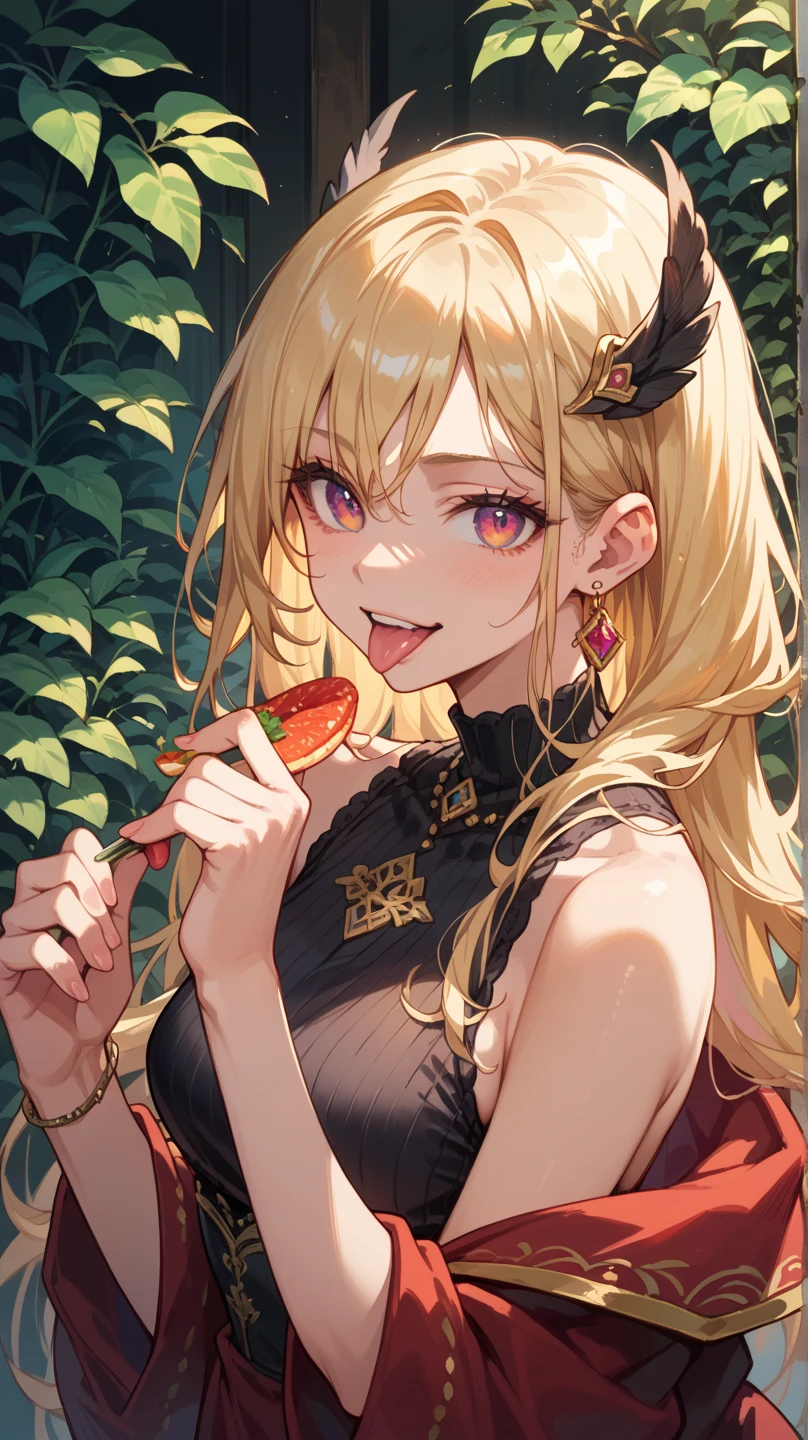 1girl, female, restaurant background, yellow kimono,cleavage, very long hair, japanese clothes, wide sleeves, off shoulder, floral print, beads, sash, ibaraki_douji eating pizza sitting at the table, <lora:ibaraki_douji:0.9>