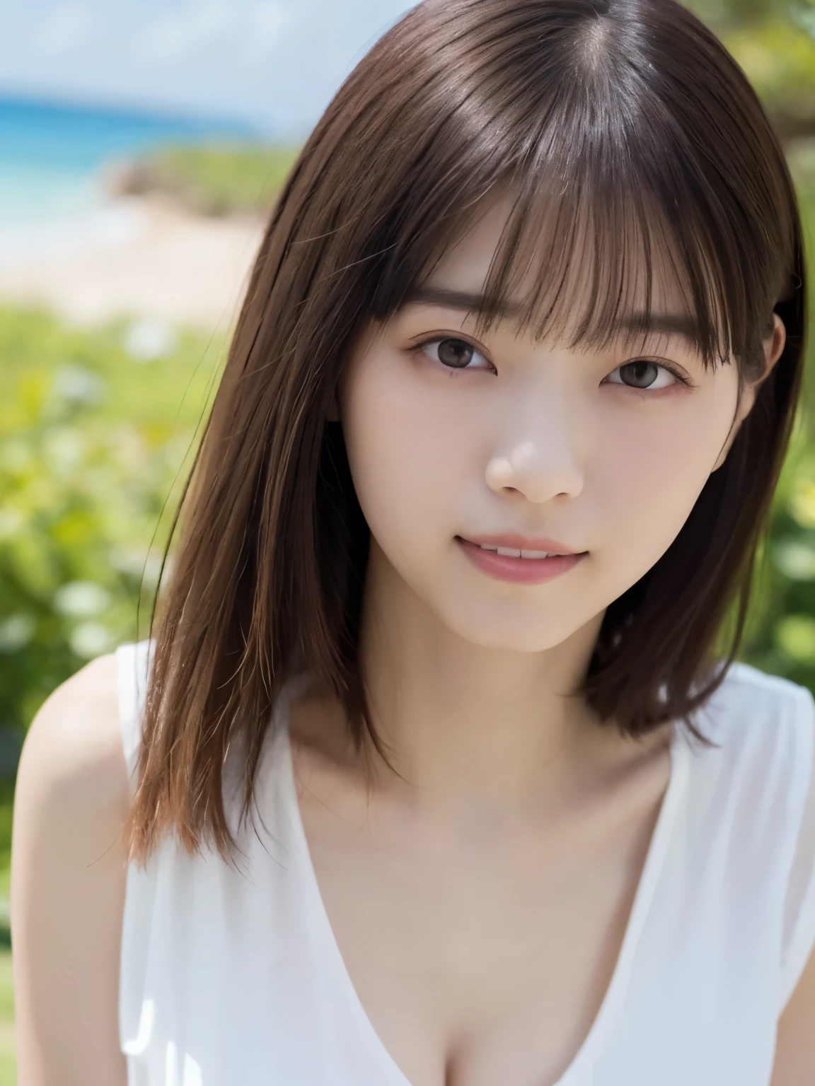 (RAW Photos: 1.2), (Realistic: 1.4), (highest quality: 1.4), Ultra-high resolution, (Fine Eyes),Nude Photos,Full body photo、Gravure photo,1. High school girl,(Large Breasts),You can see the chest、Black Hair,((White gathered blouse、pastel cardigan)),Bright Eyes,Blushing,smile,Highly detailed face and skin texture, Healthy Skin,(Beach),8K resolution