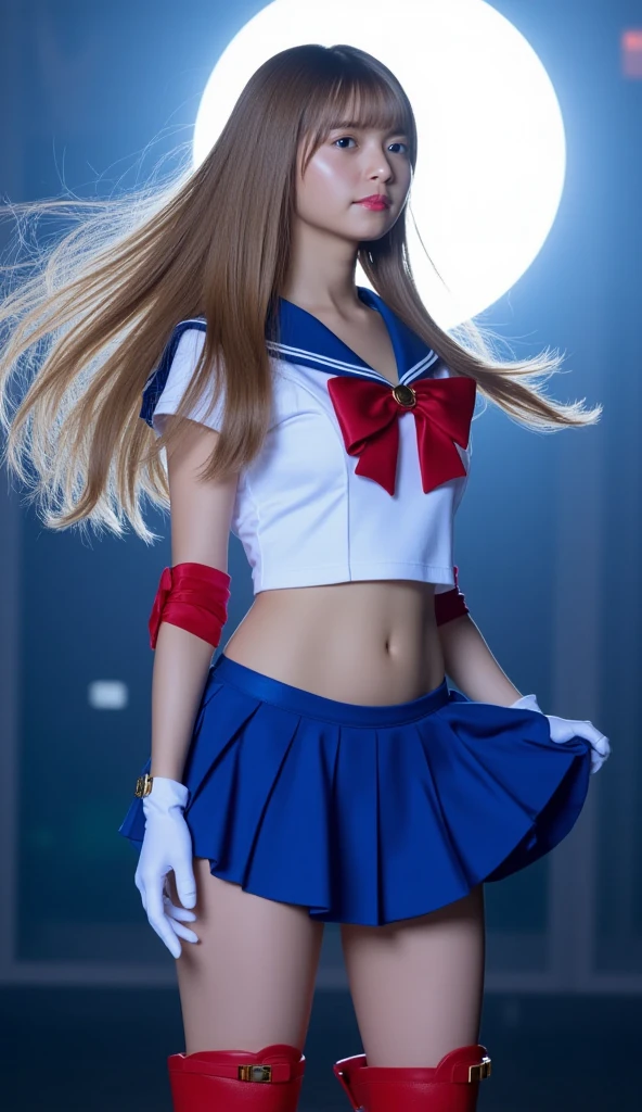 ((Sailor Moon costume: 8)) from Sailor Moon, Best Quality, Ultra High Resolution, Masterpiece, (Realisticity: 1.6), 16K, (1girl with open belly), (Big: 2, Thick thighs: 2), (Short blue skirt: 3, Long white blonde hair: 1.3, White stockings), random pose, white background