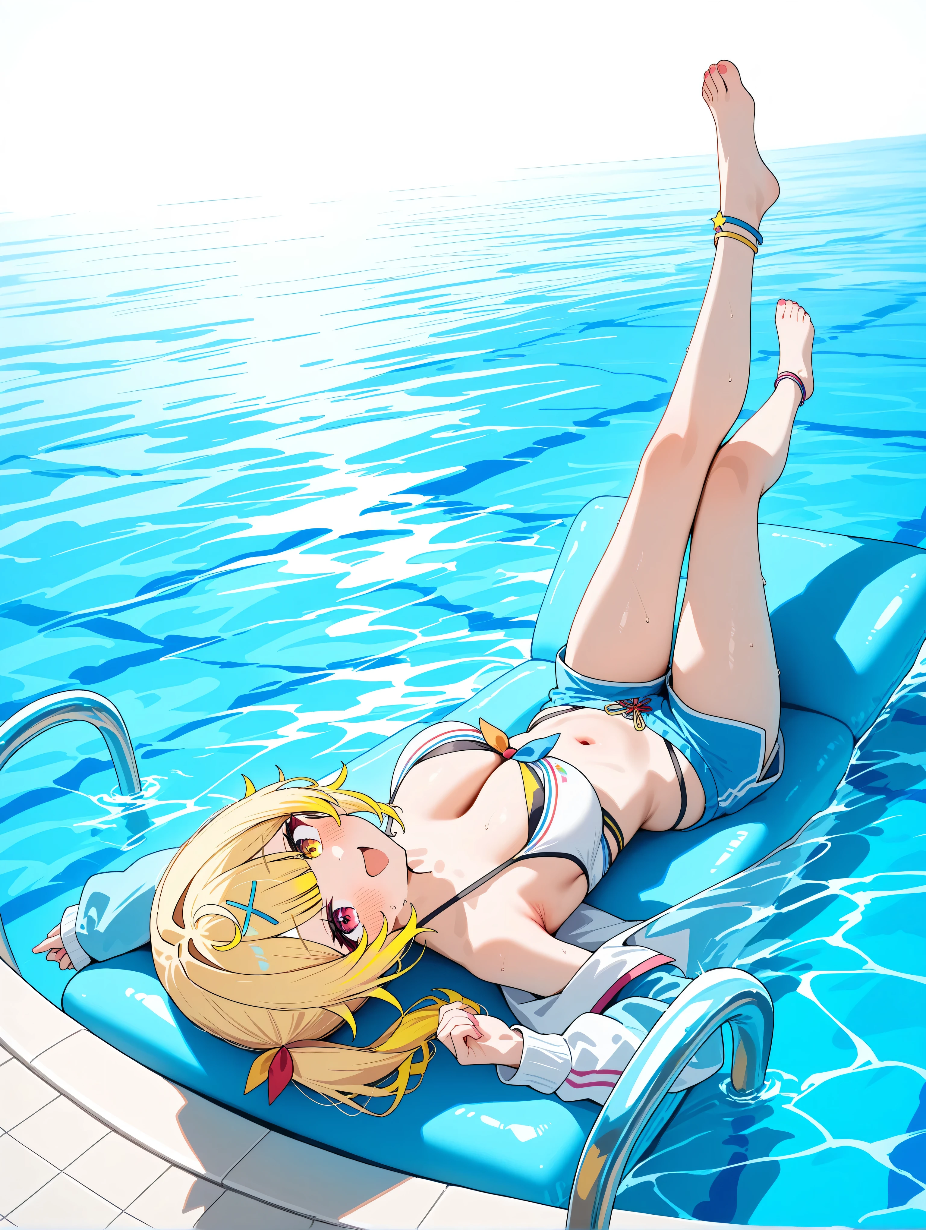 beautiful blonde woman lying on the pool in translucent bikini