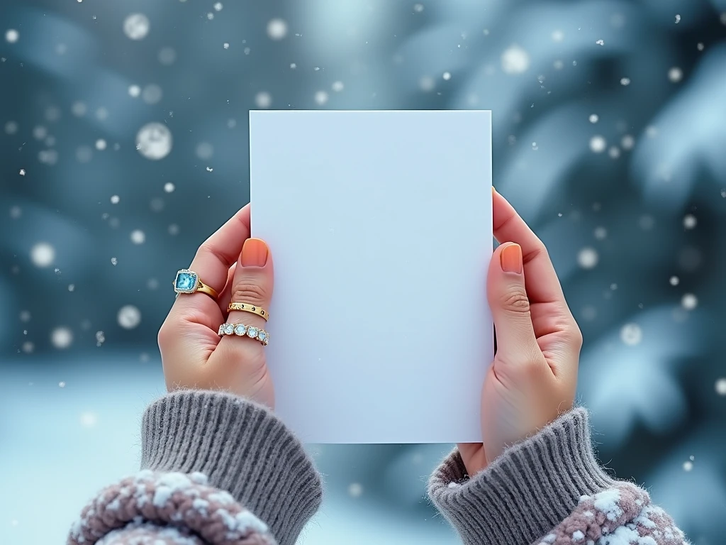 winter jewelry sale poster background color is blue jewelry color is gold in half frame is empty and in half jewelry wear hand of a girl trendy ring bracelet and snow is falling and in empty frame write (winter sale 50% off) with best colors attraction