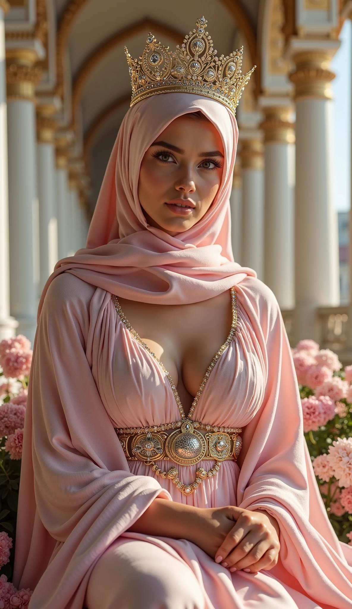 (Best quality, high resolution, masterpiece: 1.3), beautiful Indonesian woman in hijab, tall body, slim body, huge breasts, intricate details, ((almost)), sharp focus, professional, realistic, real life, hyperreal, photorealistic, fine details, best quality, wallpapers Highly detailed 8k unity CG, perfect artwork, Full body, shining eyes, realistic, perfect female hourglass figure, width waist, thigh thick, looking at the viewer, very delicate and beautiful, top quality, beautiful detailed girl, beautiful eye details, facial lighting, film lighting, perspective, realistic facial expressions, (beautiful and shapely face, delicate and beautiful eyes, perfectly proportional face, very detailed skin,((tight-fitting Malay gamis with pastel red floral motifs with a plain hijab), diamond necklace, luxury hotel, view from below 