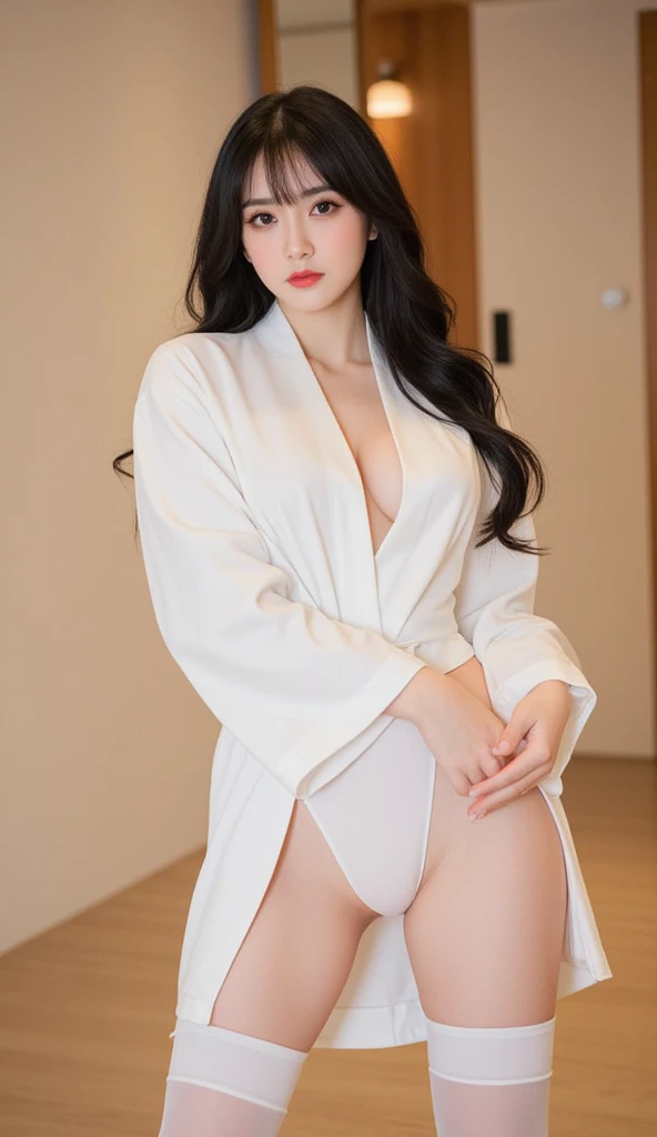 araffed asian woman in white robe sitting on a bed, big breasts, cleavage, wearing a simple robe, gorgeous young woman, wearing white robe, beautiful young woman, wearing a white robe, wearing simple robes, wearing white robe, wearing long white robe, wearing white pajamas, white robe, in white clothes, light blue panties,