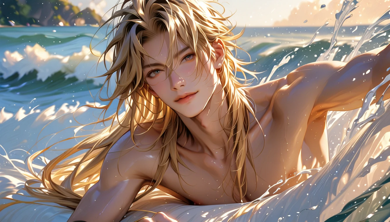 1man，Golden hair，pony tails，blue color eyes，beachside，deep in the night，fire works，swim wears，No bra，Sitting