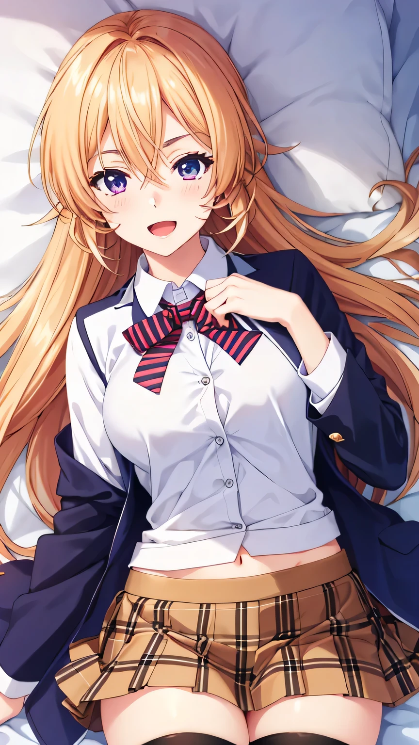 {{{masterpiece}}}, (best quality:1.5), (ultra-detailed:1.5), {illustration}, {{an extremely delicate and beautiful}}, (beautiful detailed eyes:1.6), absurdres, highres, extremely detailed face, 16k, hd, visual anime de uma jovem mulher, extremamente bonito rosto de anime, anime melhor garota, (perfect hands, perfect anatomy), anime face, Erina Nakiri(Food Wars!), 1girl, solo, cute face, long hair, blonde hair, (purple eyes:1.1), hair between eyes, medium breasts, big hips, curvaceous, BREAK, {school uniform}, blazer, dark blue jacket, long sleeve, (close jacket:1.3), tuck out, white shirt, collared shirt, striped tie, red ribbon tie, pleated skirt, plaid skirt, brown mini skirt, (black thighhighs:1.1), thighs, zettai ryouiki, BREAK, lying, on back, smiling, open mouth, embarrassed, flushed cheeks, looking at viewer, on the bed, CarnelianDakimakura
