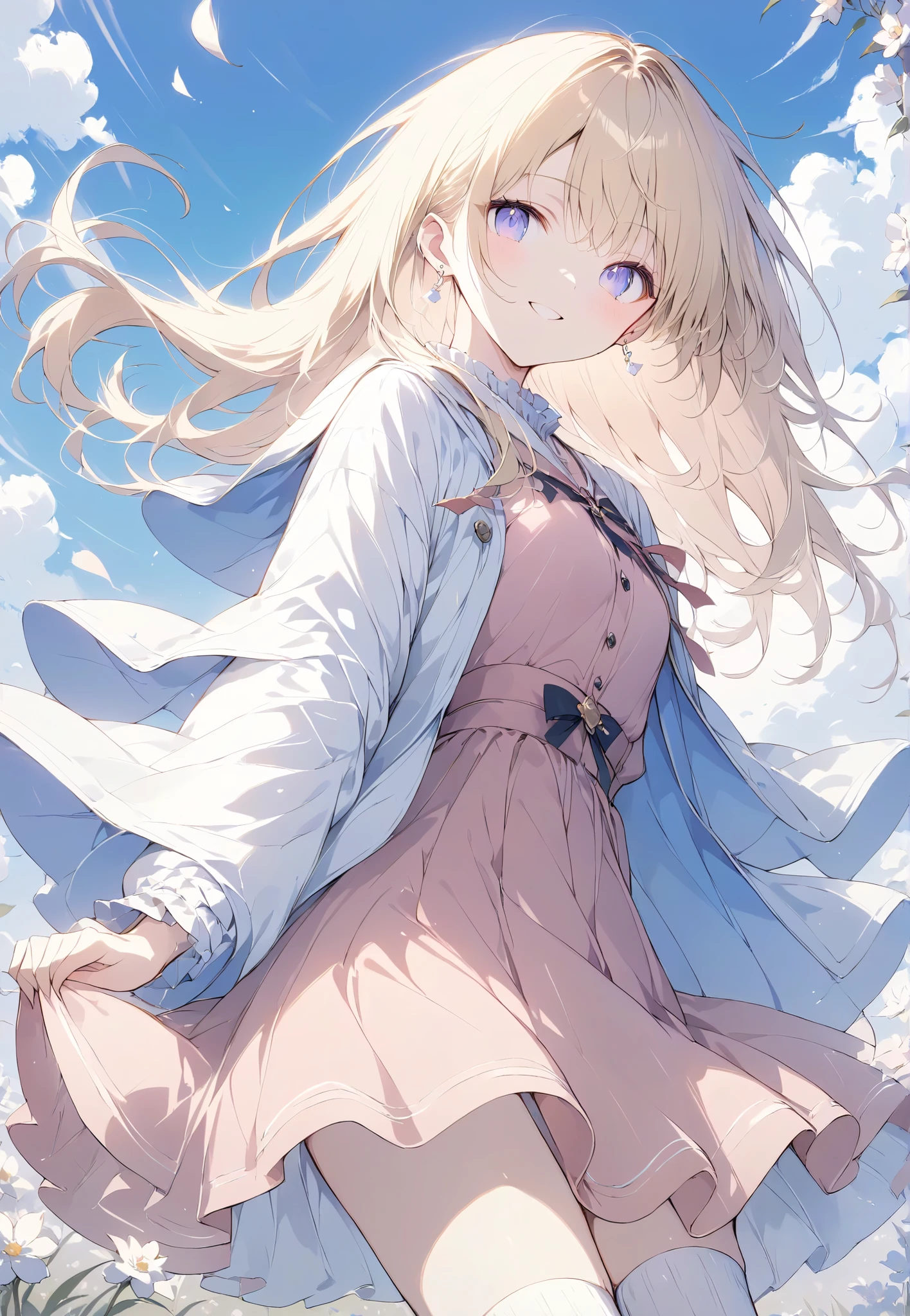 Masterpiece,   High Quality  ,   high resolution, 16k,    Makoto Shinkai's illustrations  ,  detailed background, High sensitivity、depth、 One small girl、 Flashy Blonde  ,   long hair,   earrings,  white skin、  long eyelashes ,   beautiful eyes,  smile,  small breasts,  pink dress、  Knee High Socks  ,  whole body,   side angles, Flower Field、 wind