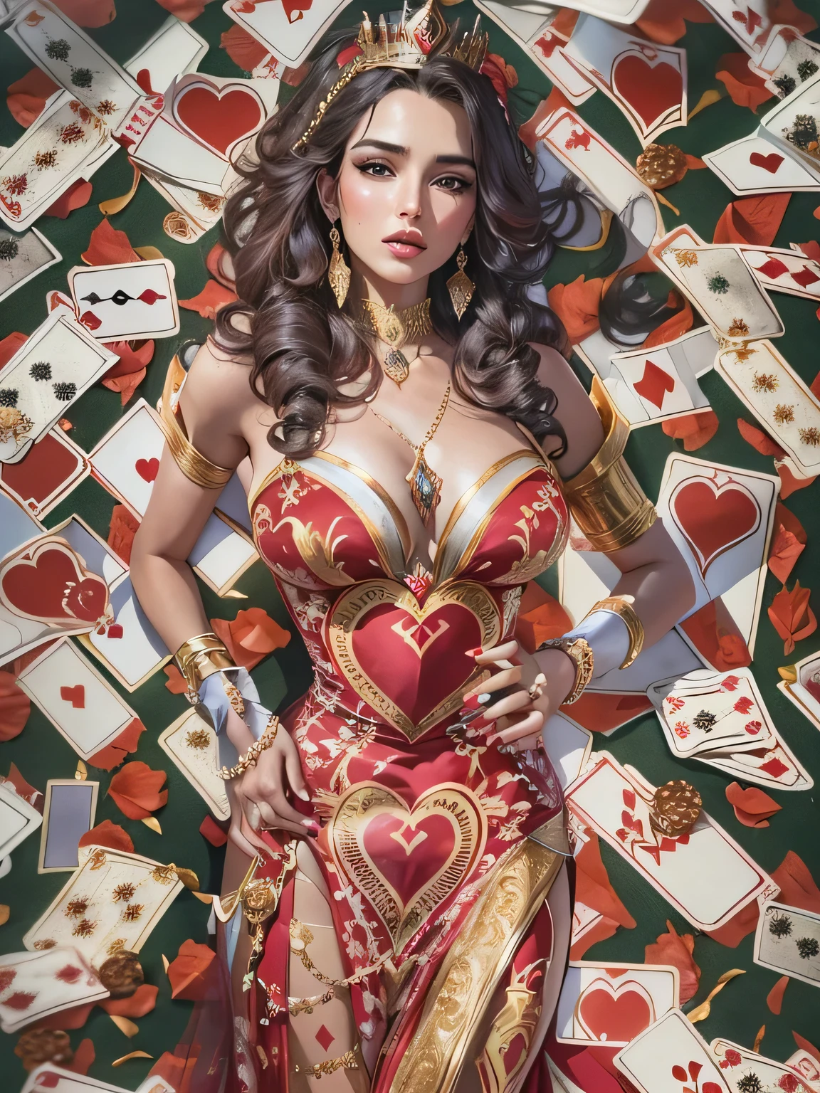 Em um luxuoso cassino, A stunning woman wears an exquisite dress adorned with heart symbols, embodying the royal presence of the Queen of Hearts. Surrounded by a backdrop of poker cards and chips, She exudes confidence and seduction, convidando os jogadores a testar sua sorte e habilidades no jogo de azar. --auto