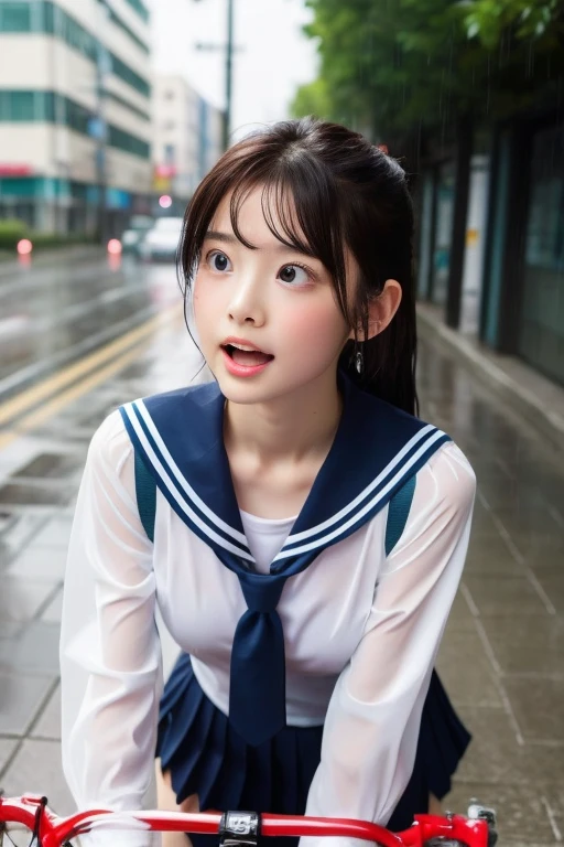 best quality 、 The Greatest Masterpiece、8K、Girl in the Rain、alone、blush、((Red Bicycle))、(( riding a bicycle))、 viewers at the pharmacy counter 、Heavy Rain、Female students drenched in the rain、Slightly larger 、 sailor suit that sticks to the when wet、 skirt 、 Japanese school uniform and girl in the rain 、Riding a bike in the rain、Floral、 hairpin、 necklace 、Earrings、Get drenched and lean forward 、 looking up from below、 is written in depth、尖ったRed Mouth、 My short reddish brown hair is wet and shiny、Jet Black Hair、 long ponytail、Red Mouth, dark eyes、clavicle、 Beautiful Fingers 、Hourglass body type、 full body portrait 、 Please Loosen Your Neckties 、Wet cute face、