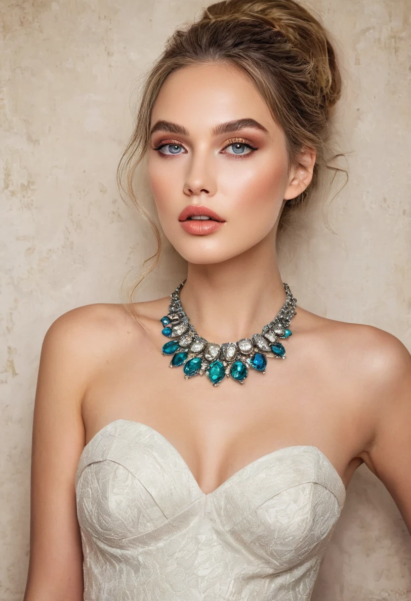 Best quality, HD, fashion illustration, elegant model, beautiful eyes, delicate lips and face, fashion glamour, orbital inertia, couleurs vives, elegant dresses, gorgeous necklaces, professional studio lighting, super fine book, textured textures, art journey