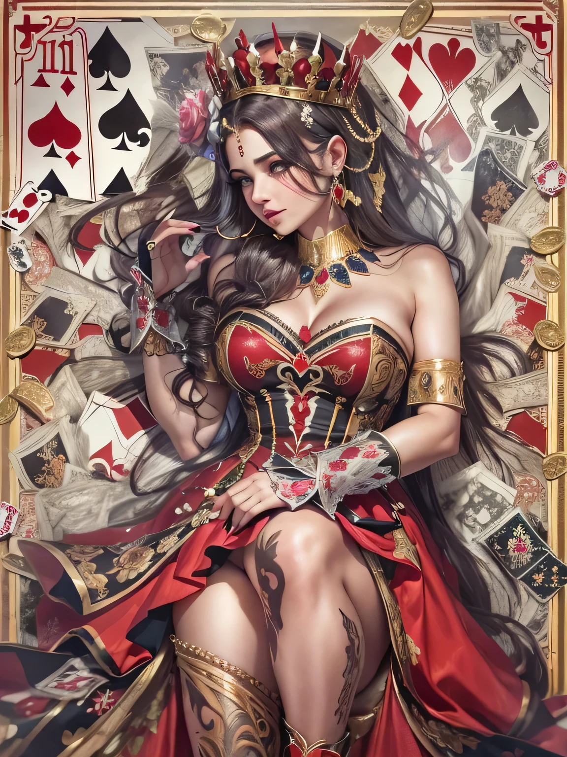 em uma sala mal iluminada, uma mulher hipnotizante cativa os espectadores com seu traje inspirado em espadas. Her elegant dress features intricate shovel motifs and her charming demeanor draws players into the enigmatic world of card games, tentando-os a explorar os segredos escondidos no baralho.