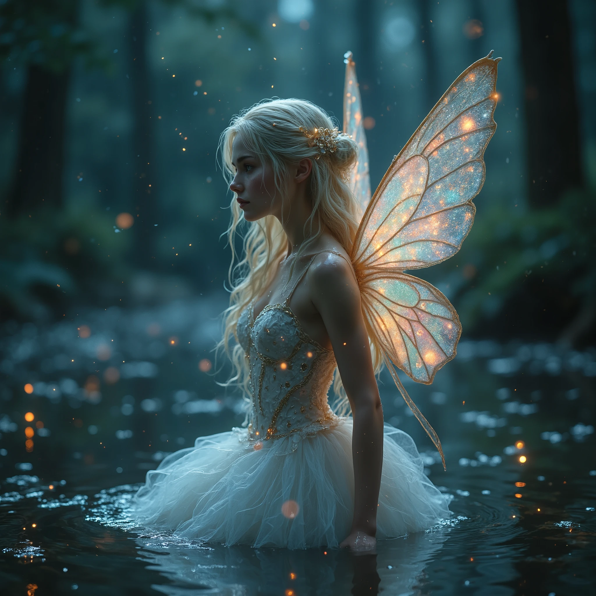 realistic and very detailed fairy, very beautiful blonde ager , But realistic face emerging from a magical lake at night in the middle of the forest, with shiny drops of water falling from her wings wears a fluffy dress that shines with fanciful dots of color. The suit shines