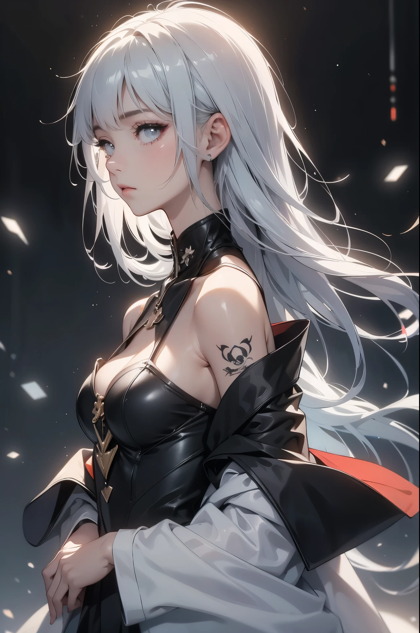 (Image from chest up:1.4)((masterpiece:1.5,Highest quality,Beautiful images、2.8D illust、Abstract、artistic、Portraiture, black and white theme))(one person, Alone)(Medium chest, sideboob, Gray Hair、Bob Hair、Expose your shoulders、Shoulder Tattoo, slender body shape)(Profile Portrait,Look at me sideways、Look at an angle、shake your head、Sad look, Floating Hair)(Monotone artistic background、Plain background)((From the side:1.5)),