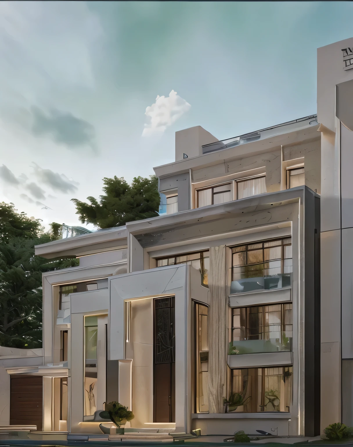 house perspective, villa, modern classic style, green trees, morning sun light, wall stone, large glass panel black frame