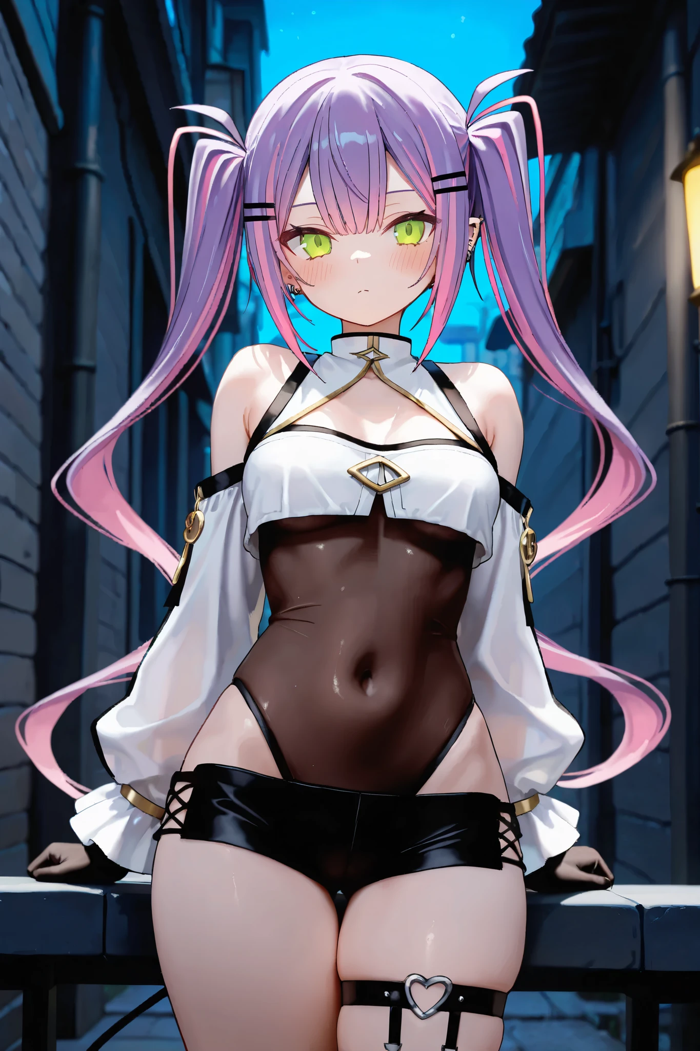 NSFW、Long Hair、とてもLong Hair、Hair between the eyes、Red eyes、Bright pupils、Multicolored eyes、Multicolored Hair,Small breasts,Black leotard、Taimanin Suit、One Piece Tan、Elbow Gloves、Fur trim、Fingerless gloves、Frilled leotard、Thigh-high boots,Tattoo,(Iron Collar:1.5),(Perfect hands),(Perfect Anatomy),(masterpiece),(highest quality),(Embarrassed:1.5),blush,Feeling embarrassed,(Ecstasy face:1.5),cyber punk,Department Wah Street,(whole body:1.5)