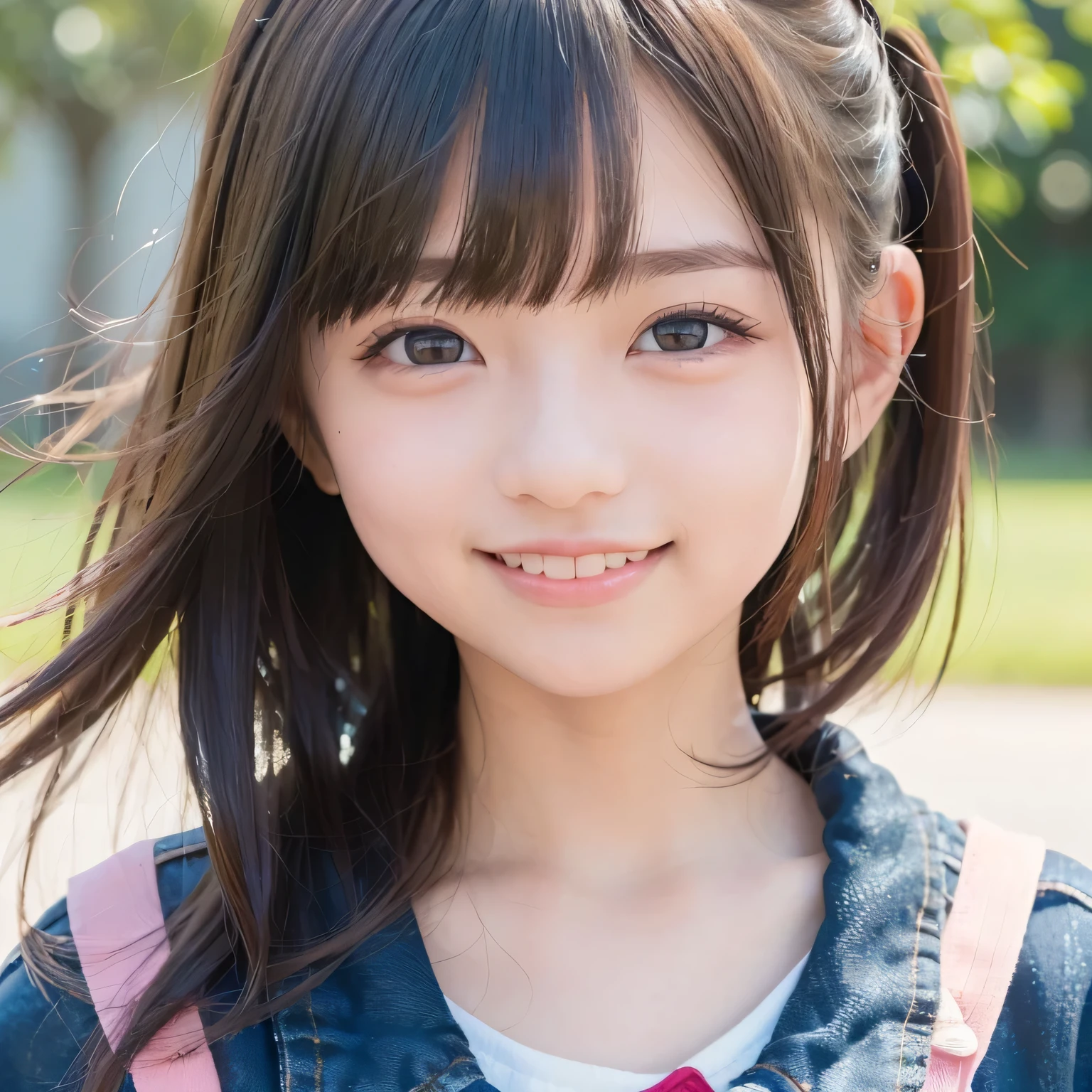 ((Live 2D)) Masterpiece, One Girl ,Young face 、navy blue denim jacket、 Japanese,(((Big Face))),(((10age))), full body ,((( big smile))),(((Kind Face)))、((( Happy Faces ))),((( heavy makeup))),((( long lashes))),(((Thick mascara))) ,(((Round face))),((( round eyes ))),((( big eyes))), standing straight , , cute japanese high school uniform, viewers, detailed color , girl with green 、(((Straight hair down to the shoulders))), ((( I))), , gradient hair, multicolor hair , small smile , , Gradient Eyes , dark brown eyes , ( simple background, white background : 1.3)、((( upper body photo))),((( small smile )))、((( face swells))),(((Round face))),((( the wind is blowing ))),((( face close-up)))