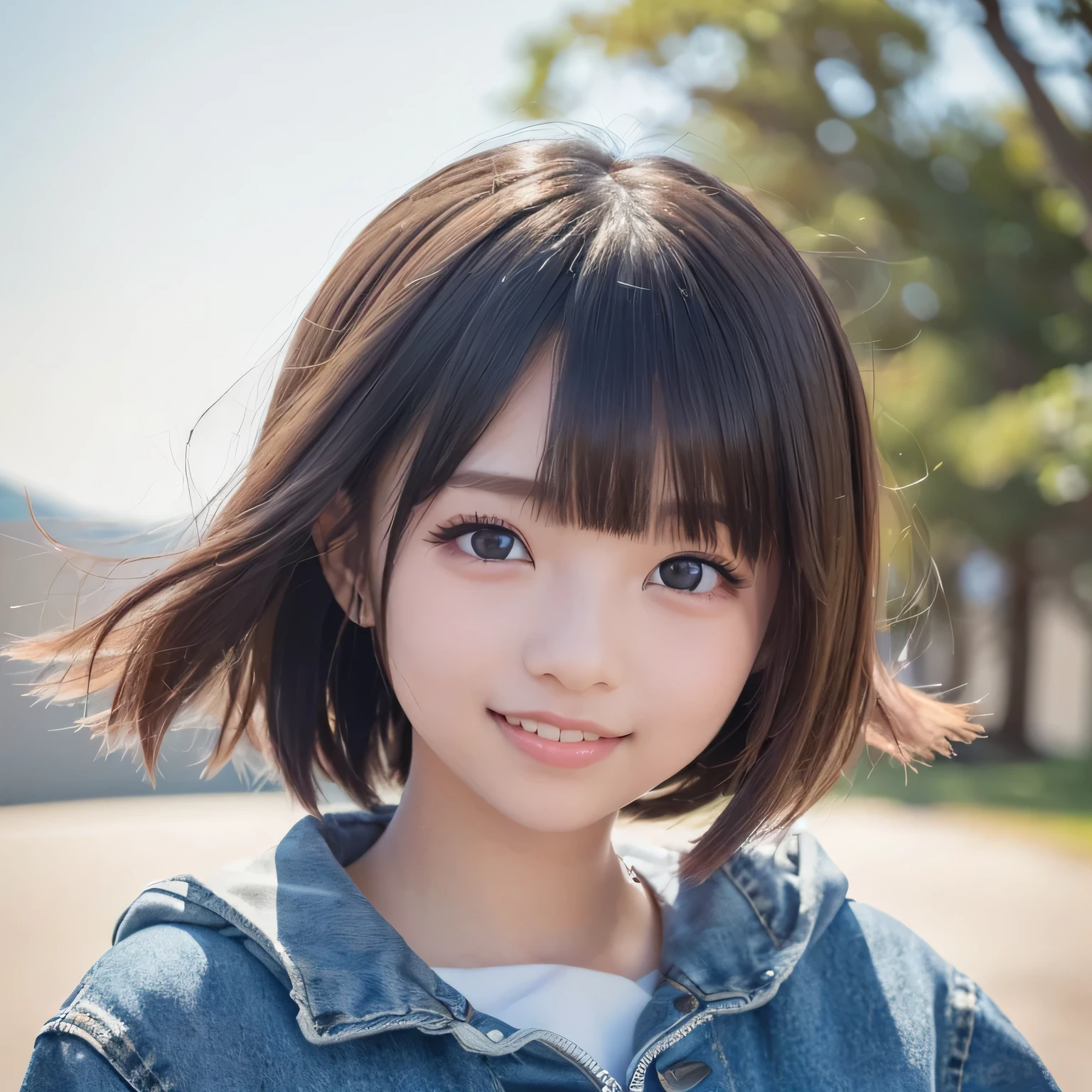 ((Live 2D)) Masterpiece, One Girl ,Young face 、navy blue denim jacket、 Japanese,(((Big Face))),(((10age))), full body ,((( big smile))),(((Kind Face)))、((( Happy Faces ))),((( heavy makeup))),((( long lashes))),(((Thick mascara))) ,(((Round face))),((( round eyes ))),((( big eyes))), standing straight , , cute japanese high school uniform, viewers, detailed color , girl with green 、(((Straight hair down to the shoulders))), ((( I))), , gradient hair, multicolor hair , small smile , , Gradient Eyes , dark brown eyes , ( simple background, white background : 1.3)、((( upper body photo))),((( small smile )))、((( face swells))),(((Round face))),((( the wind is blowing ))),((( face close-up)))