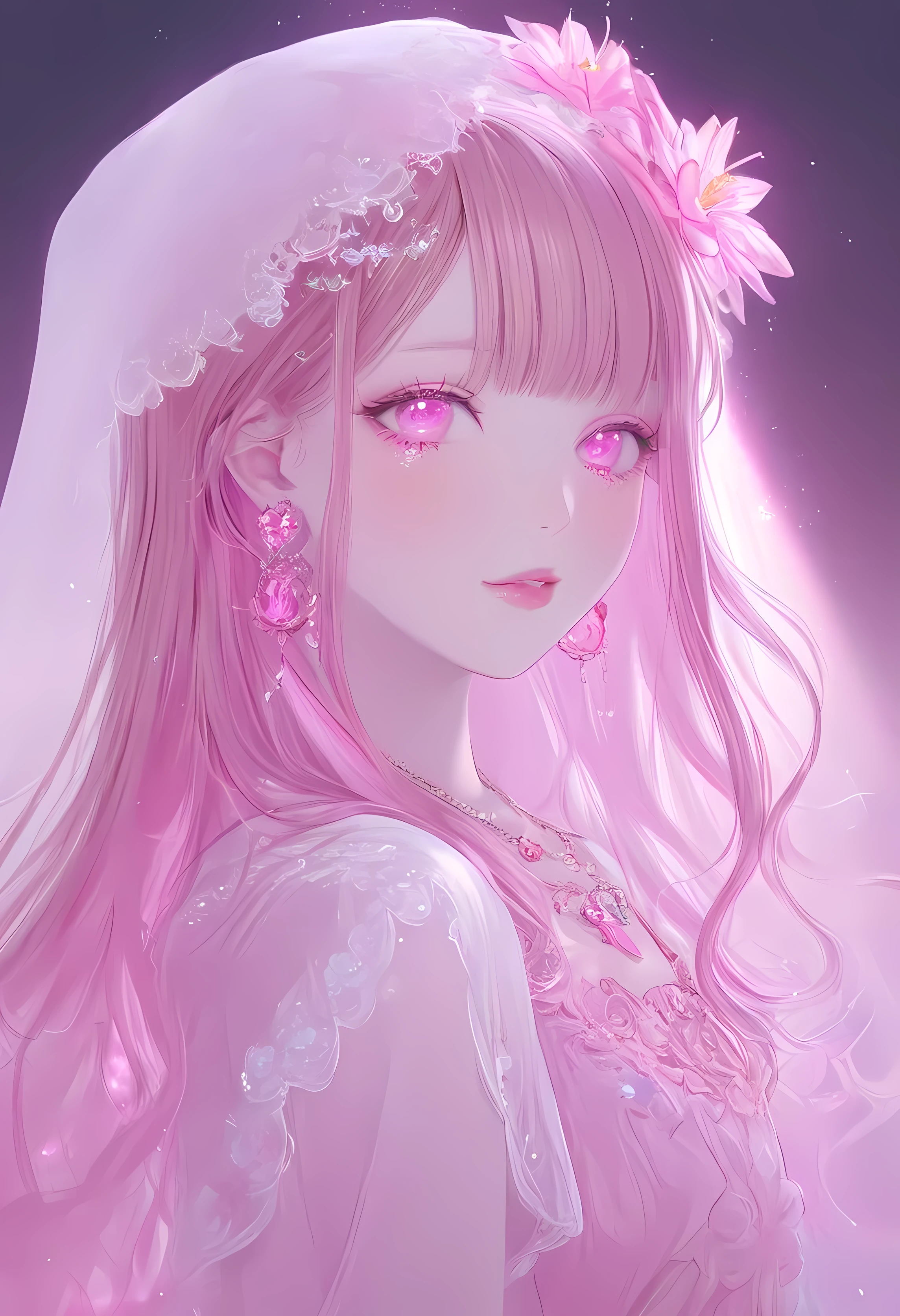 rainbow, One Girl, alone,So cute, Long Hair, Show Viewer,   Pink Eyes,  Background, White Background, jewelry, Mouth closed,  Upper Body, Strawberry blonde Hair, Earrings, Pink Eyes, necklace, From the side,  lips, eyelash, Compensate, Straight Hair, Earrings, lipstick, 耳のEarrings, eye shadow, diamond  flower pink small Earrings, ピンクのlips, eyes, Pink  Theme, pretty  necklace , shining pink eyes, pink, shining, ethereal, goodness, shining,veil, pink flowy dress,  hair accessories , make up, golden make up, pink eyes,  emotion,  not tired eyes, happy, pink petales, pink aura, pink , happy eyes,  cute energetic eyes , pink aura