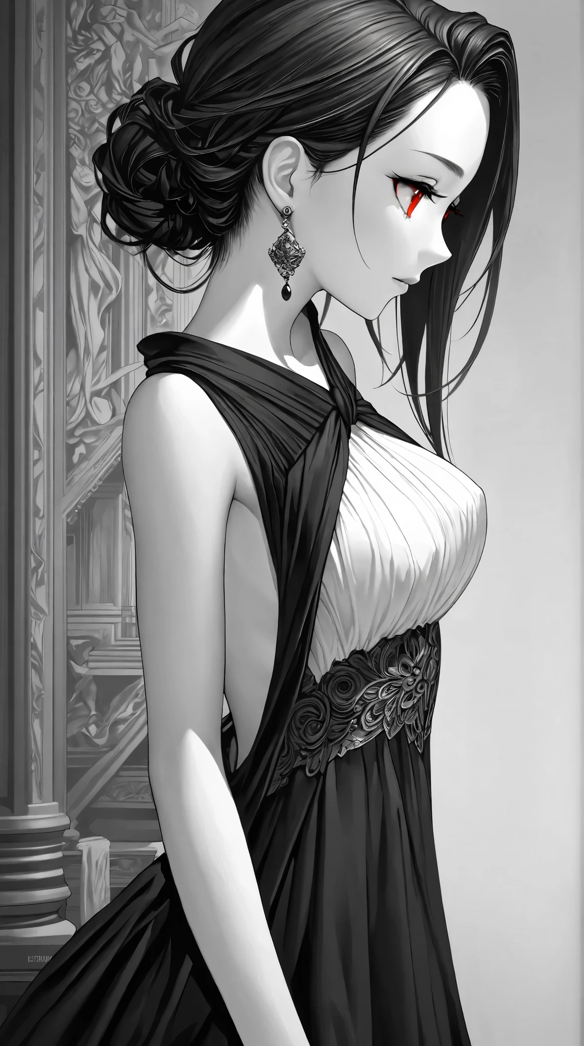 (( best quality )),(Ultra high resolution),( tall Highly detailed ),( Detailed explanation ),(( best CG )),( Best Works of Art ), Ultra Precision Art, amazing painting art ,( Exact Detailed Art :1.5), black and white, woman, backless dress , Neat profile , red eyes, sleeveless, off shoulder, Earrings, Tied up hair,