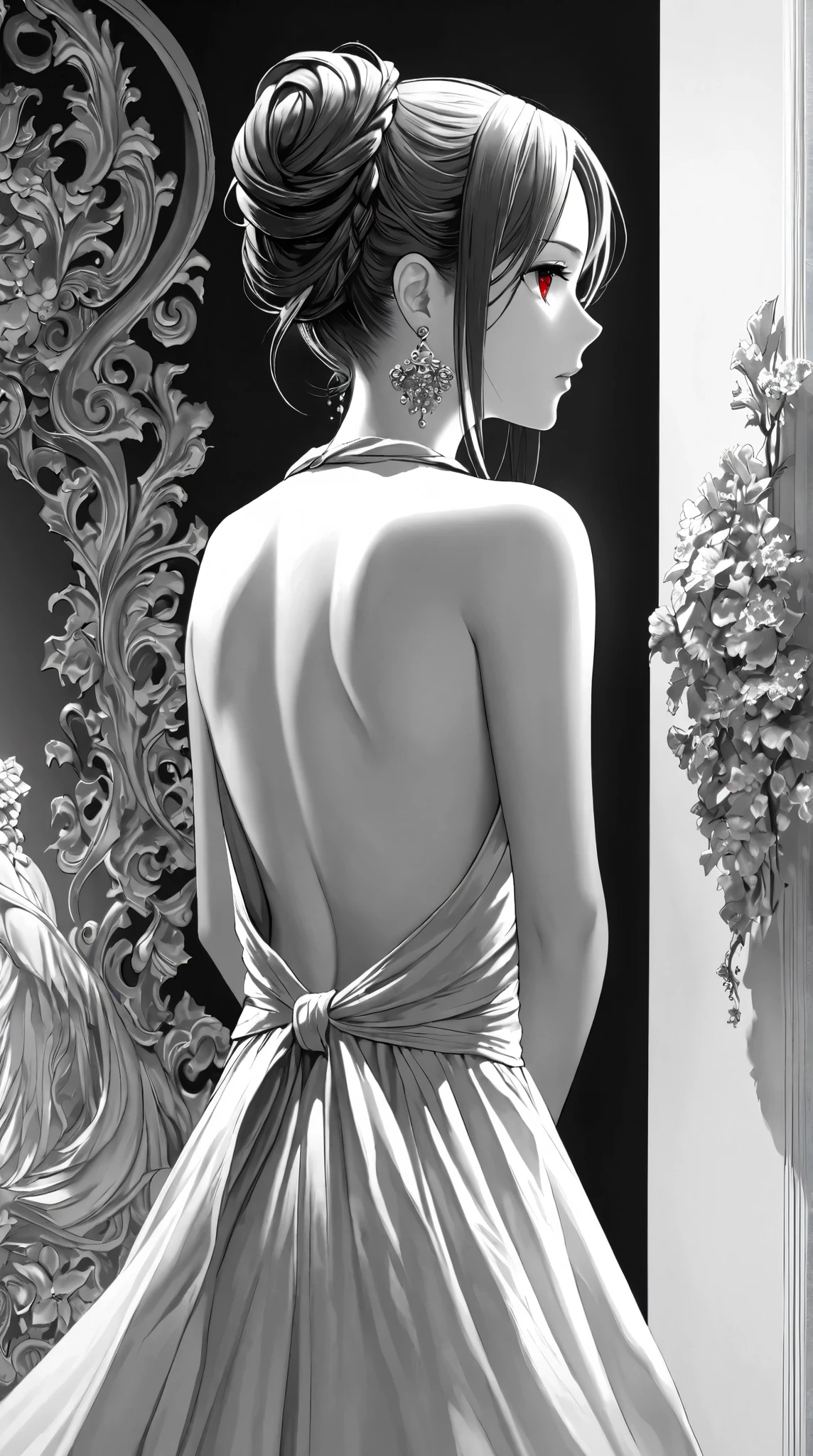 (( best quality )),(Ultra high resolution),( tall Highly detailed ),( Detailed explanation ),(( best CG )),( Best Works of Art ), Ultra Precision Art, amazing painting art ,( Exact Detailed Art :1.5), black and white, woman, backless dress , Neat profile , red eyes, sleeveless, off shoulder, Earrings, Tied up hair,