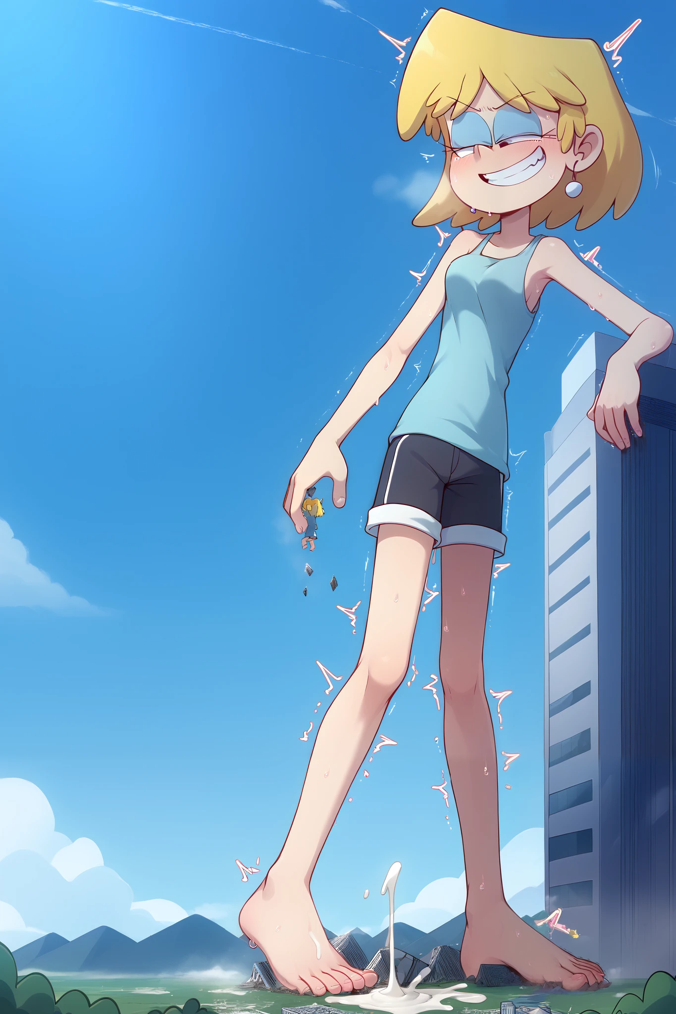 easynegative, safe_pos,score_9,score_8_up,score_7_up,score_6_up,source_anime, Giantess, giant, macro, size difference, very sweaty, Landscape, cityscape, smug expression, devious grin, Lori Loud,short hair,blonde hair,tank top,eyeshadow,shorts,bare shoulders,earrings,makeup, 1girl, medium cock, testicles, erect penis, cum, Veined cock, Wrinkled testicles, female body, full body, skinny, erect dick, masturbation, building destruction, cracked building, cum on the city, trembling, motion lines, rampage