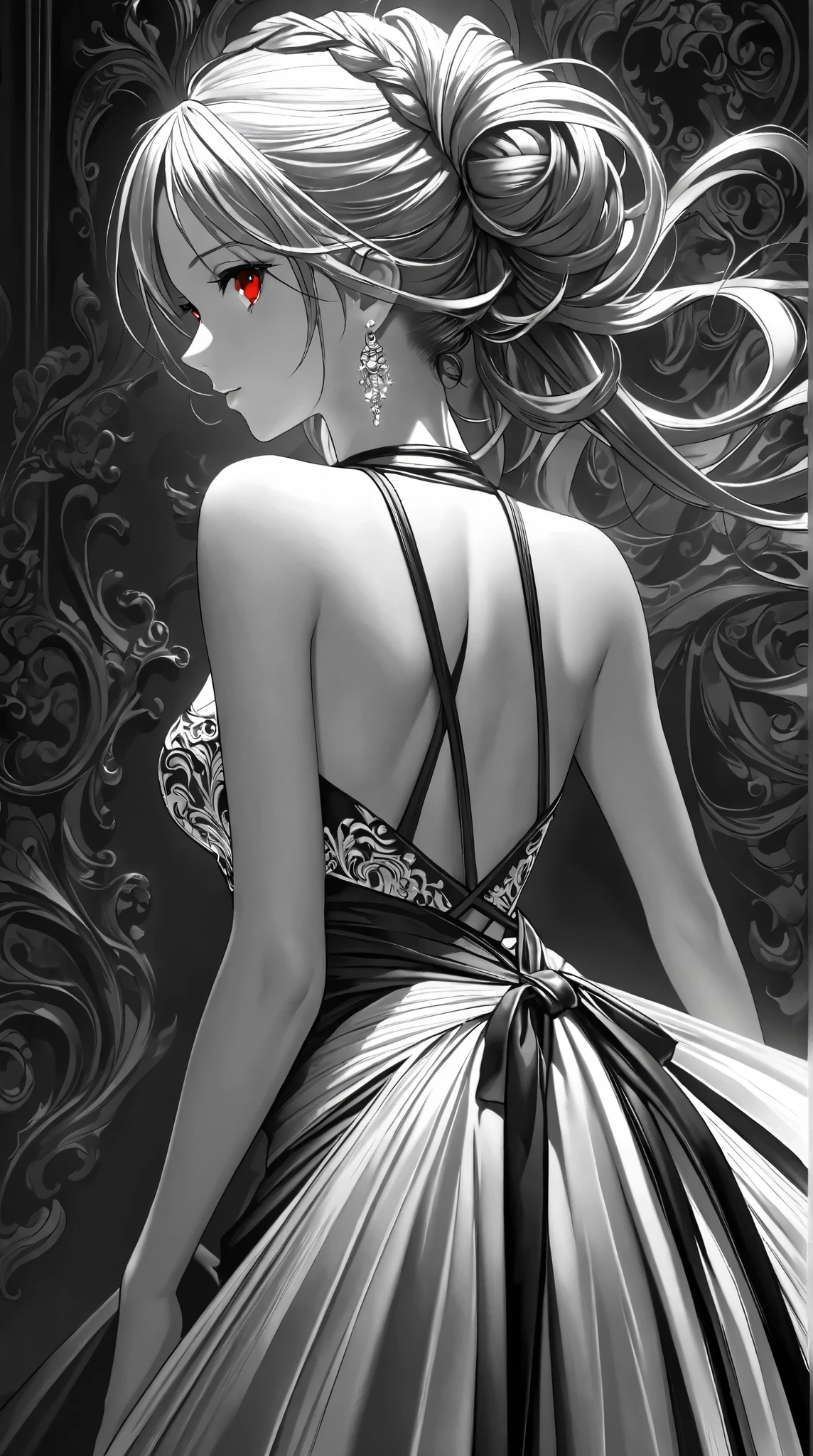 (( best quality )),(Ultra high resolution),( tall Highly detailed ),( Detailed explanation ),(( best CG )),( Best Works of Art ), Ultra Precision Art, amazing painting art ,( Exact Detailed Art :1.5), black and white, woman, backless dress , Neat profile , red eyes, sleeveless, off shoulder, Earrings, Tied up hair,