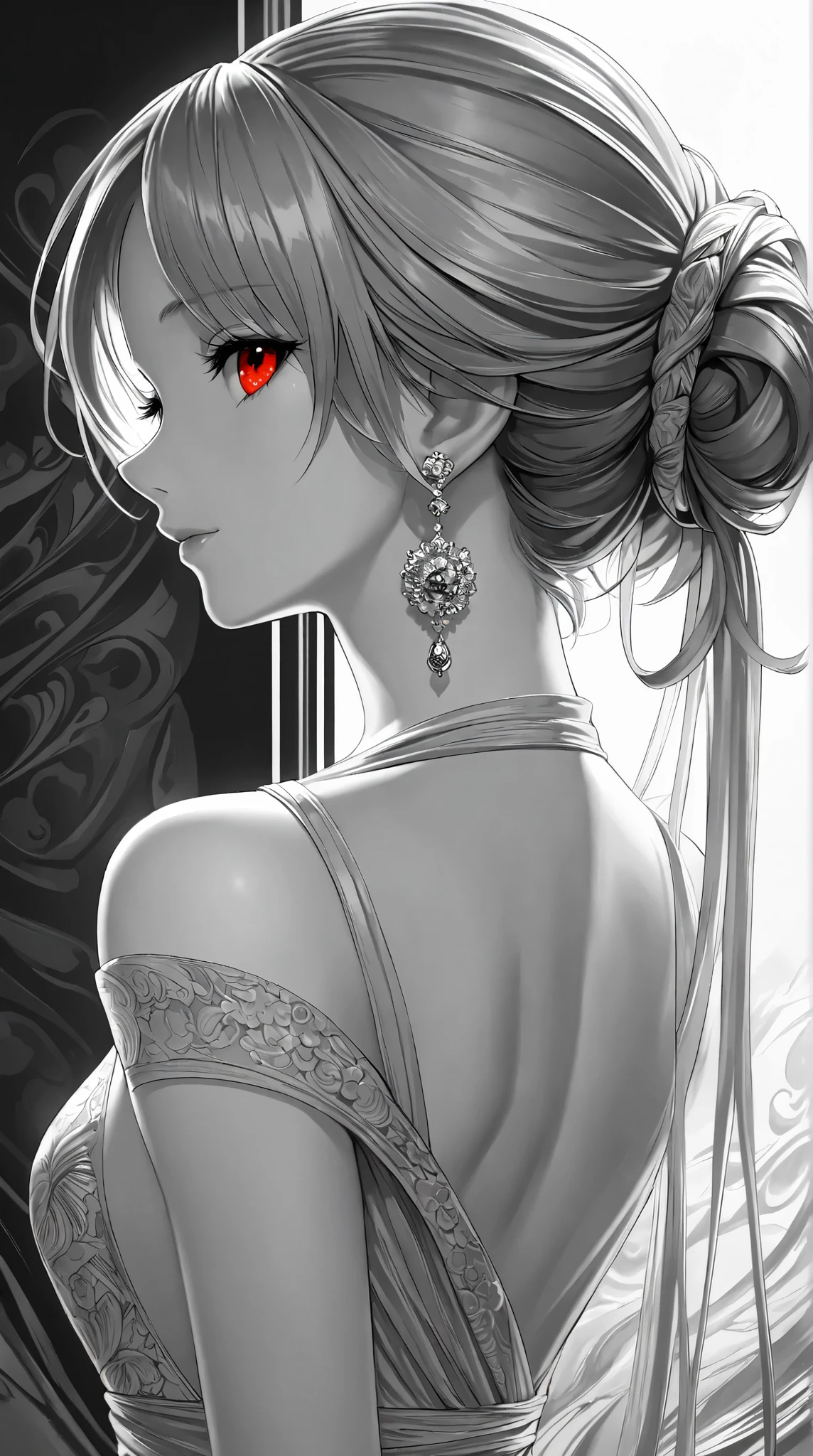 (( best quality )),(Ultra high resolution),( tall Highly detailed ),( Detailed explanation ),(( best CG )),( Best Works of Art ), Ultra Precision Art, amazing painting art ,( Exact Detailed Art :1.5), black and white, woman, backless dress , Neat profile , red eyes, sleeveless, off shoulder, Earrings, Tied up hair,