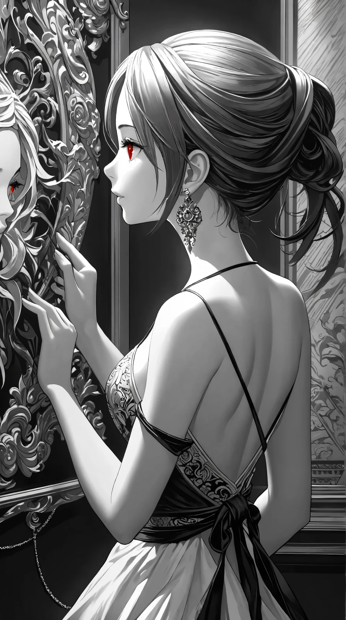 (( best quality )),(Ultra high resolution),( tall Highly detailed ),( Detailed explanation ),(( best CG )),( Best Works of Art ), Ultra Precision Art, amazing painting art ,( Exact Detailed Art :1.5), black and white, woman, backless dress , Neat profile , red eyes, sleeveless, off shoulder, Earrings, Tied up hair,