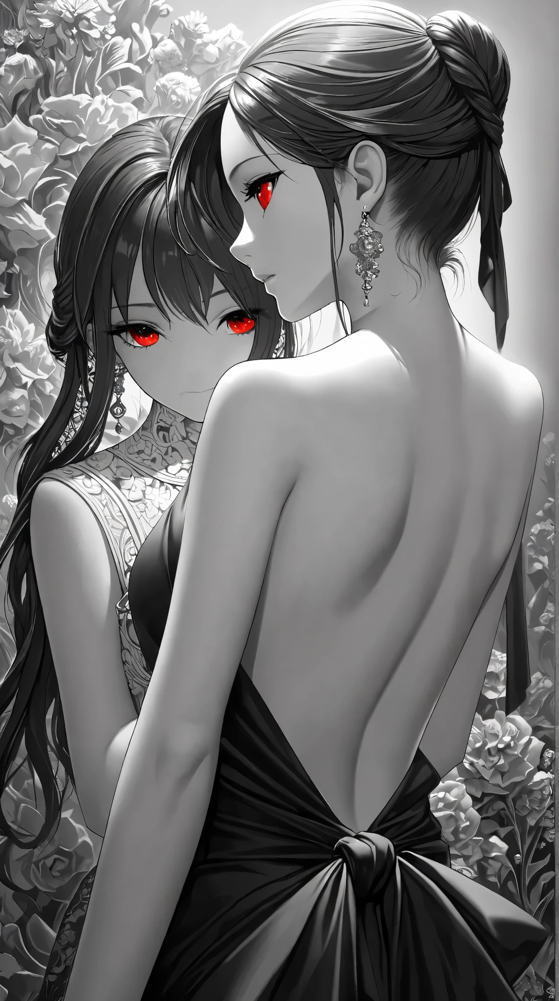 (( best quality )),(Ultra high resolution),( tall Highly detailed ),( Detailed explanation ),(( best CG )),( Best Works of Art ), Ultra Precision Art, amazing painting art ,( Exact Detailed Art :1.5), black and white, woman, backless dress , Neat profile , red eyes, sleeveless, off shoulder, Earrings, Tied up hair,