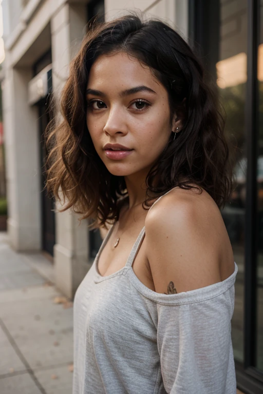 Beautiful mixed race woman, long curly black hair with blonde & blue highlights, wearing a light blue tank top, wearing leather belt, front view (sitting inside a modern restaurant at night), very detailed, 22 years, natural wave hair, brown eyes, high-res, masterpiece, best quality, intricate details, highly detailed, sharp focus, detailed skin, black skin, realistic skin texture, texture, detailed eyes, professional, 4k, Canon shooting, 85mm, shallow depth of field, Kodak color vision, perfect fit body, extremely detailed, photo_\(ultra\), photo realistic, realistic, post-processing, maximum detail, roughness, real life, ultra realistic, photorealism, photography, 8k uhd, photography (grain of film) medium shot for closeup shot atmospheric dark lighting
