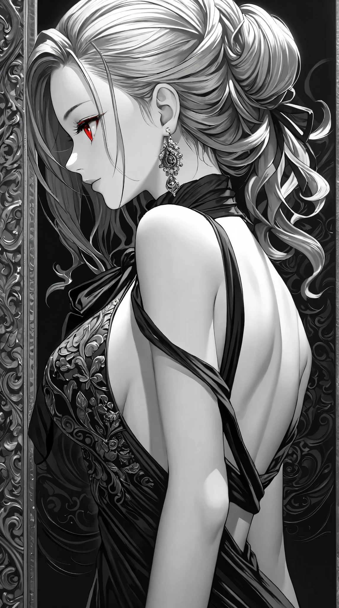 (( best quality )),(Ultra high resolution),( tall Highly detailed ),( Detailed explanation ),(( best CG )),( Best Works of Art ), Ultra Precision Art, amazing painting art ,( Exact Detailed Art :1.5), black and white, woman, backless dress , Neat profile , red eyes, sleeveless, off shoulder, Earrings, Tied up hair,
