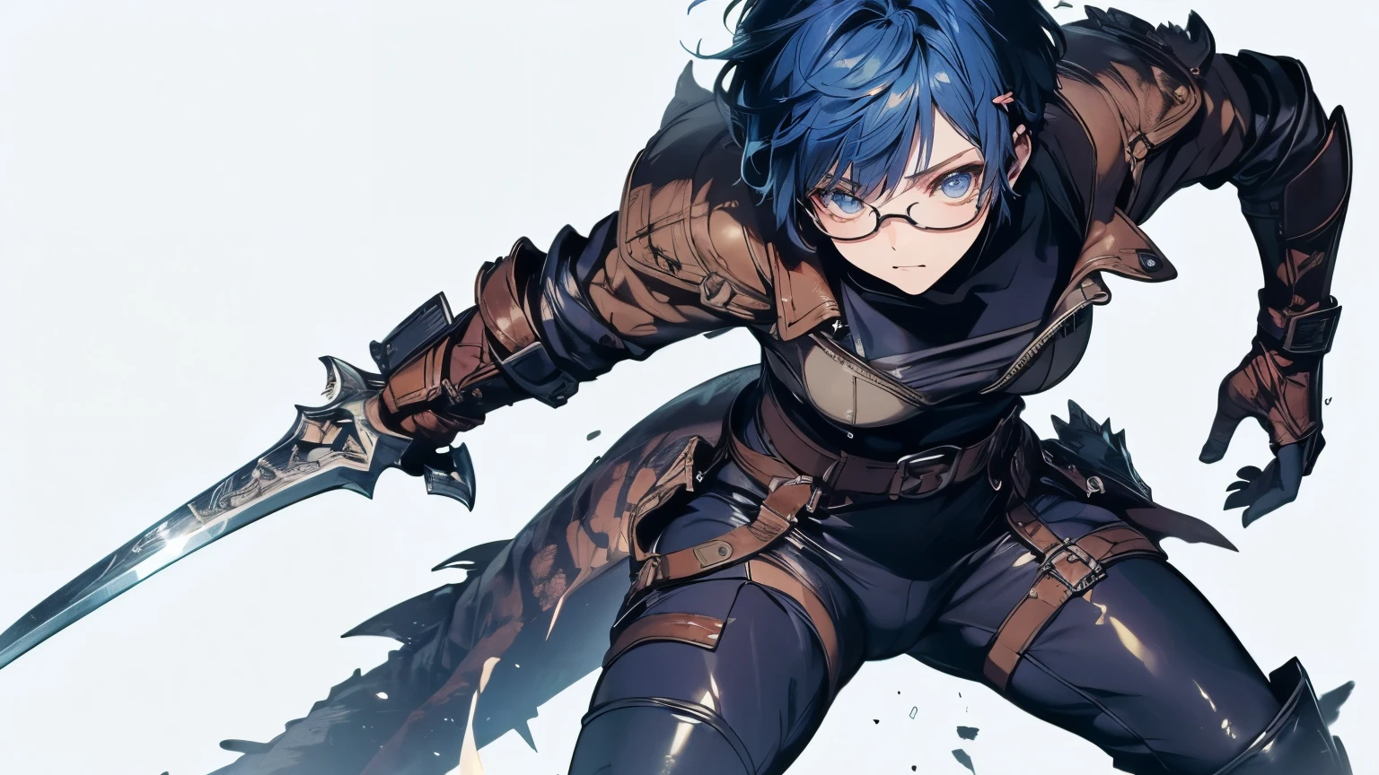wilderness、Beauty ,Masterpiece, (20 years old), ((  Low Technology  :1.3)),((Leather clothing:1.3)), (),(  Battle Costume), (( Monster Hunter cosplayer:1.3)), ((  short hair:1.2)),(  Battlefield-like :1.2), Big Sword:1.2,  Shrimp, ((Combat Stance)),((  Dynamic Action:1.3)), ((  slender body:1.3)),(  big breasted  ), (  perfect body),((  skinny)), ((  viewers)),  upper body, (  detailed color :1.2), (  detailed eyes),(  big eyes), (  sharp),(( pubic skin :1.3)),(  clean skin), ((Visual beauty)) Glasses、  short hair、Blue Hair Color、 Curly Hair、　  upper body、 Glasses、 white background