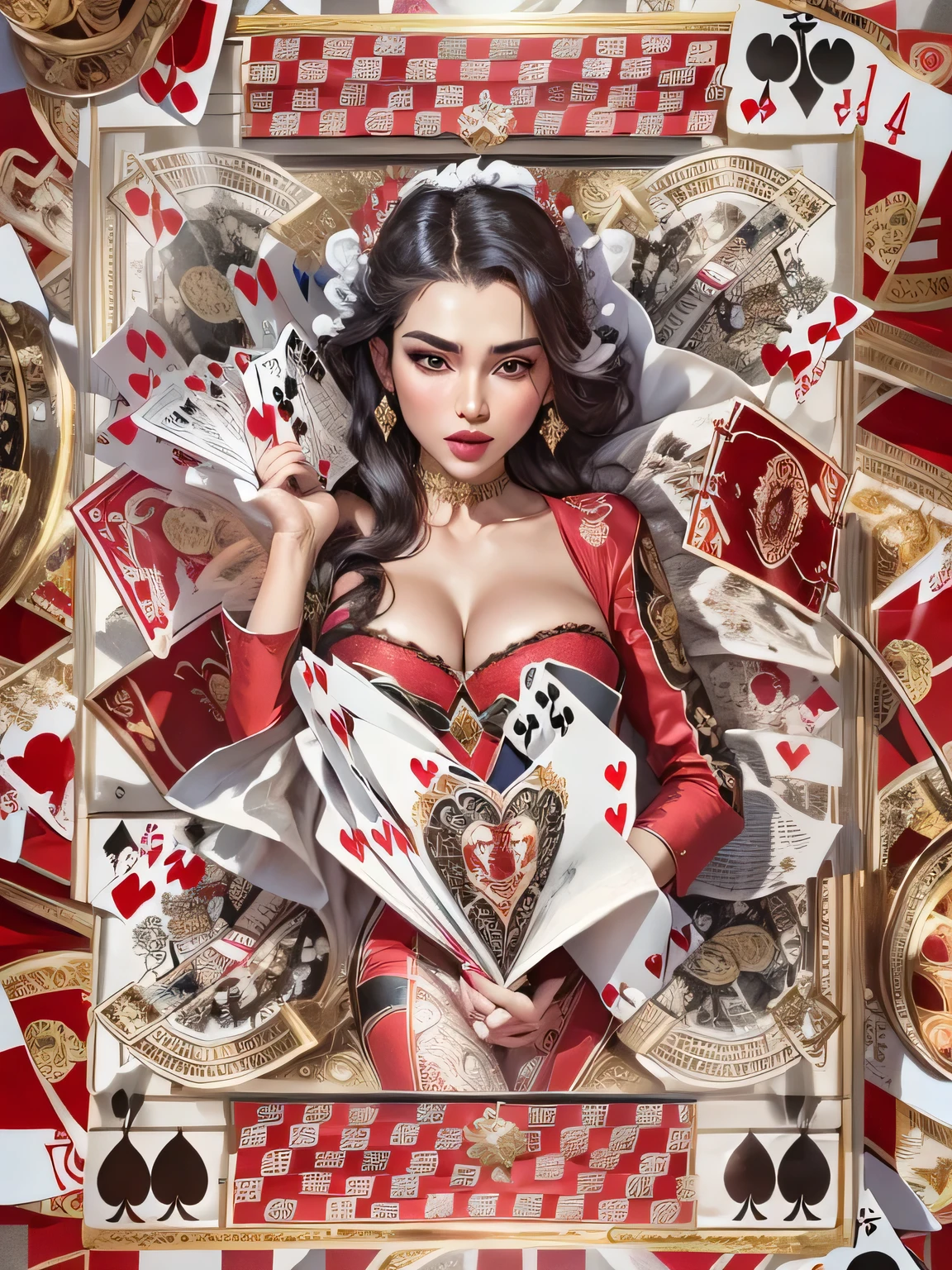 Em um luxuoso cassino, A stunning woman wears an exquisite dress adorned with heart symbols, embodying the royal presence of the Queen of Hearts. Surrounded by a backdrop of poker cards and chips, She exudes confidence and seduction, convidando os jogadores a testar sua sorte e habilidades no jogo de azar.