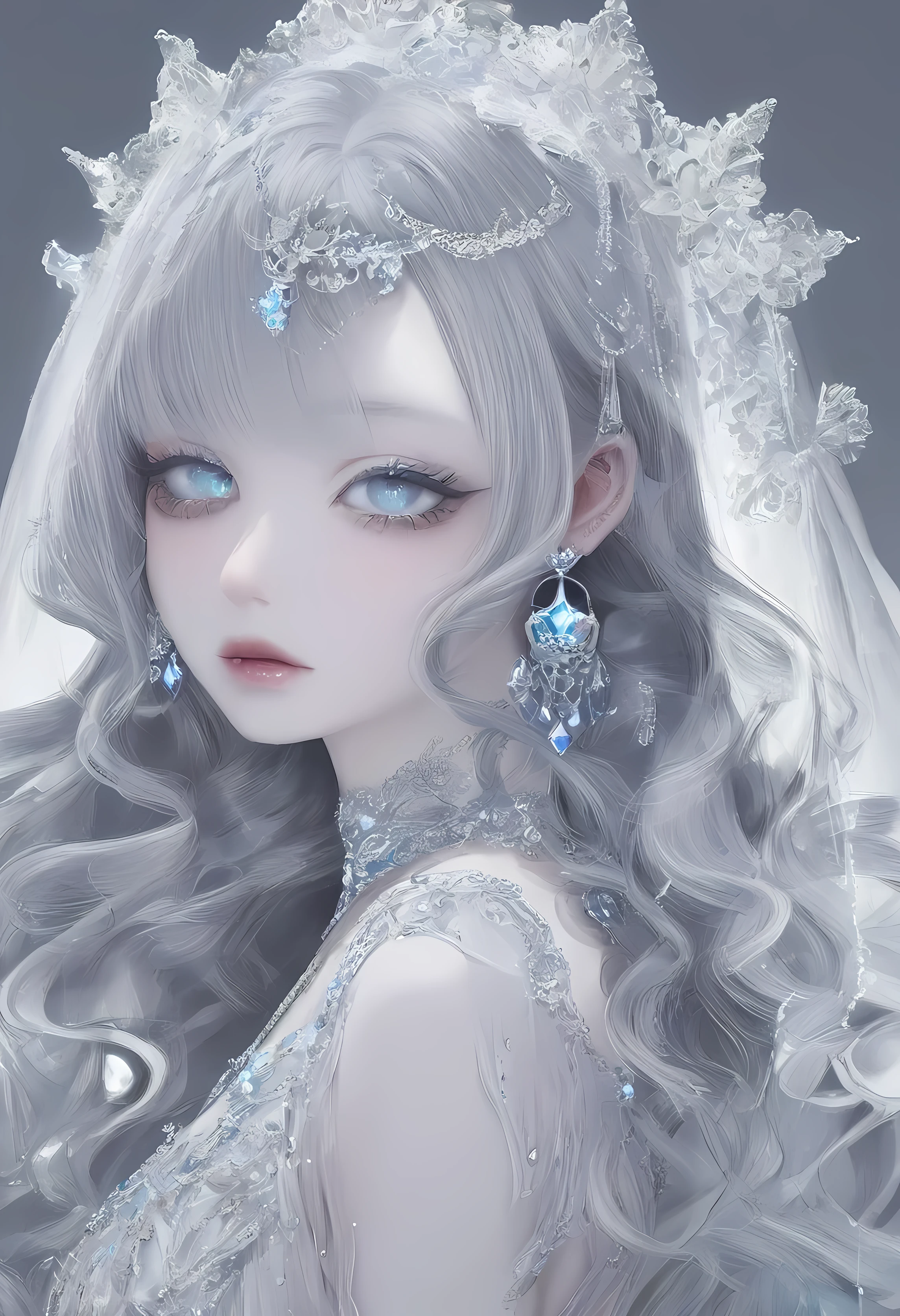 rainbow, One Girl, alone,So cute, Long Hair, Show Viewer, Gray Eyes Background, White Background, jewelry, Mouth closed, Upper Body, Gray Hair, Earrings, Blue Eyes, necklace, From the side, lips, eyelash, Compensate, Wavy Hair, Earrings, lipstick, 耳のEarrings, eye shadow, diamond Earrings, ピンクのlips, Variegated eyes, Gray Theme, , ピンクのeye shadow, pretty necklace , silver, Diamond eyes, diamonds, shining, ethereal, goodness, shining,veil, diamond dress, many diamond details , diamond hair accessories , diamonds under eyes, smorky silver make up, diamond make up