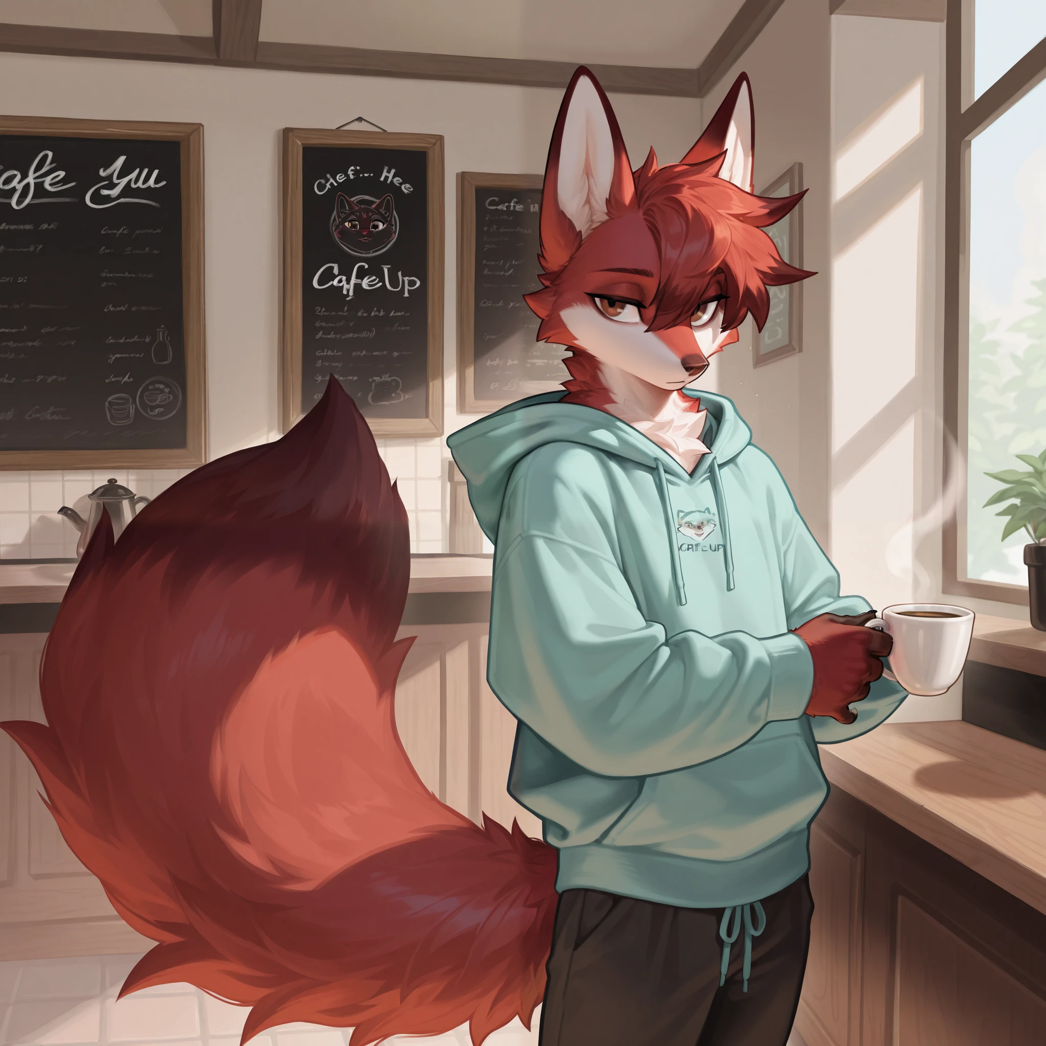 A anthropomorphic fox furry MAN with sleek, soft, fluffy, deep red fur. notable white tips on his ears and tail. He has upturned hooded brown eyes with thick long lashes. Standing, solo, cafe. Man, male, man. Furry man. Furry male. Casual masculine clothes.