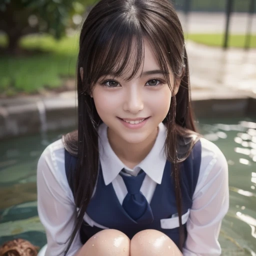 High school girl, high school student, 8K, high definition, SLR camera, younger sister, upper breasts visible, breast emphasis, baby face, loli, small, looking down on her brother while grinning,, idol face, eyes are erotic, body is erotic, sexy and skin is beautiful, loved by everyone, Japan person, high school girl. Chest close pose, full reflection, chest close pose, small breasts appeal with hands pressed to chest, slouching forward, slouching posture, erotic, chest pulling pose, realistic, short half twin tails, short hair, pitch darkness, school pool, big appeal, skew water with high exposure, top is squeaky water and wearing uniform skirt below