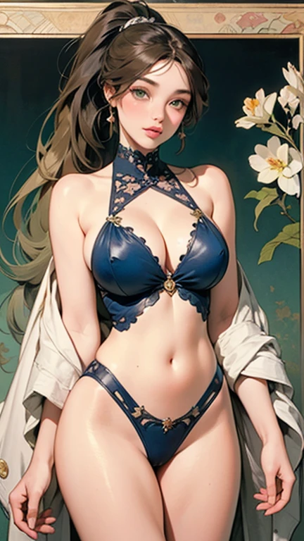 Japan 22 year old girl with masterpiece, best quality, ultra detailed, 4kportrait, realperson, shoulder and absolute area (1.3), perfect face and big breasts, right hand and long hair, sexy clothes, slim slender big physique. The skin has detailed and highly detailed eyes (1.1 emphasis), very detailed skin texture (1.1 emphasis). slender necklace, model photo style gentle beautiful woman, half body photo, exquisite and sexy collarbone (1.3), attractive oval face, double eyelids, smart peach blossom eyes, pink lips, small nose, nude fragrance shoulders, focus on face, face close-up, ultra high resolution, ultra detail, elegant standing posture, gray blue high value cross beautiful back underwear, no rim for women Sexy breast adjustment bra set, big breasts push-up, hips up, watch viewer, from below, (zentangle, mandala, entangled), (flower flowers:1.2