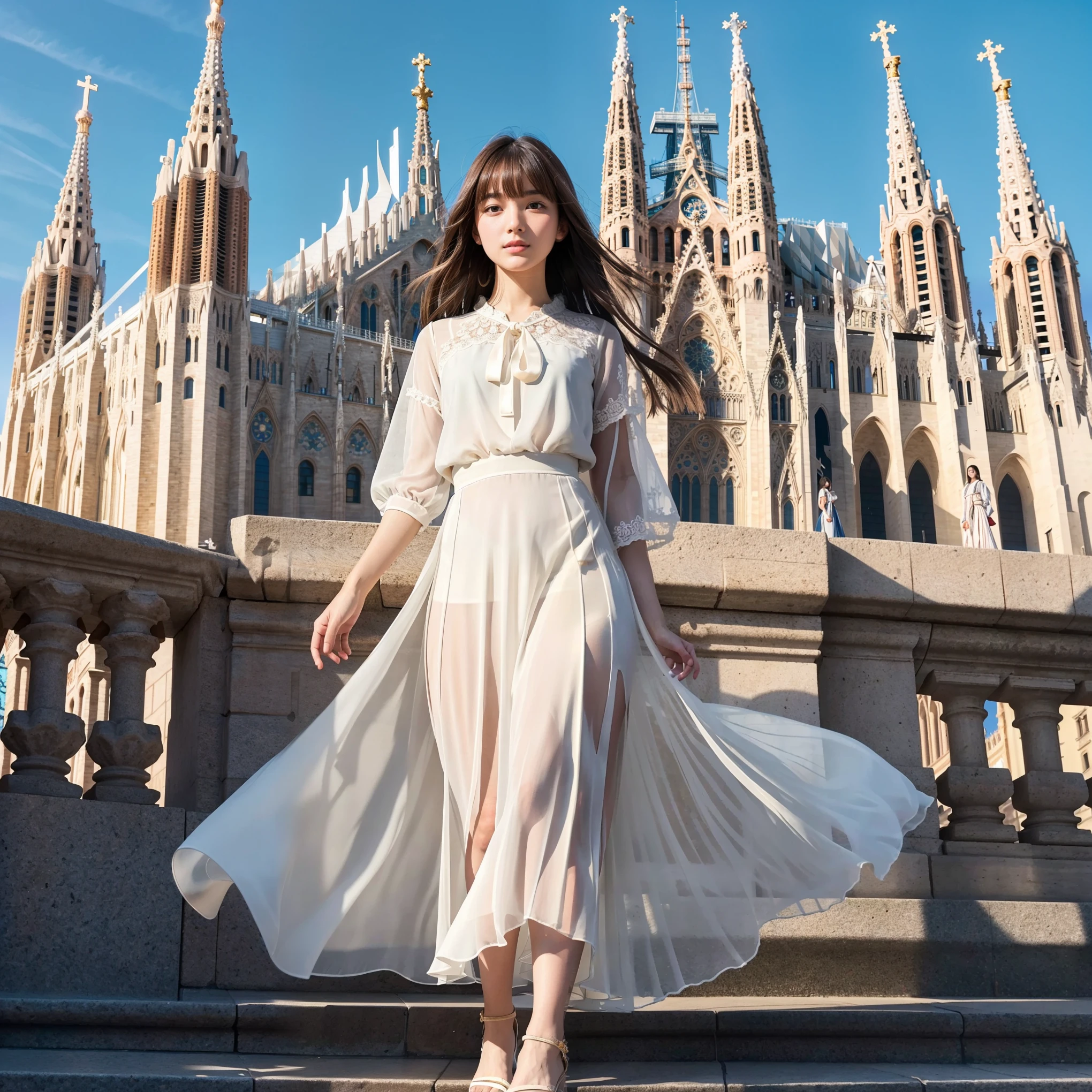 Generate a detailed and realistic image of the Sagrada Família, the iconic basilica located in Barcelona, Spain, on a sunny day with a clear blue sky. The basilica’s intricate architectural details, including its towering spires and ornate facades, are prominently displayed. A beautiful and delicate Japanese girl with long brown hair, parted bangs, and brown eyes is standing near the basilica. She is wearing an off-white chiffon blouse with a ribbon tie that is carefully lined to ensure it is not see-through, paired with a sky-blue A-line midi skirt with a subtle sheen, styled elegantly for spring. Her appearance includes symmetrical eyes, with soft highlights in her brown irises, very fine facial details, and perfectly shaped, anthropomorphically correct fingers. She wears white strap sandals and exudes a graceful and modest demeanor. The setting includes a lively and vibrant atmosphere with tourists in the background. The image is a masterpiece with super-detailed, 8K-level quality, focusing on elegance and beauty.1人の女の子,