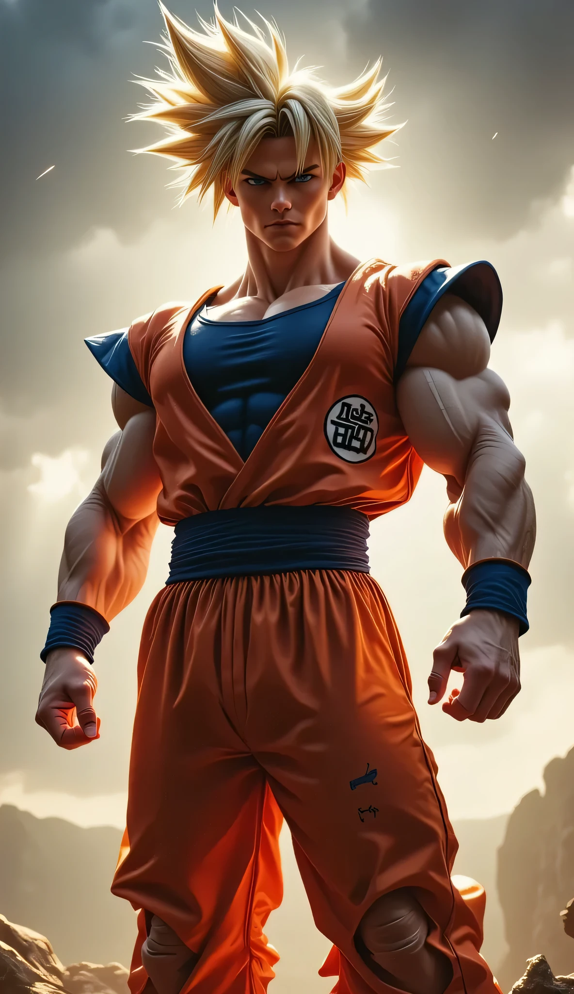 realistic image of a bodybuilder with 120 kg of muscle open category mr .Olympia very muscular with 0 % body fat , the muscles are very striated and with marked veins , the man is Caucasian with Japanese features , the man wears the Goku Dragon Ball costume with his pants and red vest and underneath the navy blue t-shirt and the navy blue belt, the pants and the vest are broken with holes , also wears navy blue wristbands , the man wears hair imitating that of Goku in super saiyan with natural blonde-white hair, is hair is shinning with selflight, he is in a serious pose and the scene captures the epic of the moment , cinematic lighting, 4k, muy detallado, face with many details , in the background you can see a stormy sky, epic image, scene with epic movie aesthetics , A lot of dynamism choppy angle , the man is looking at the camera with an angry face
