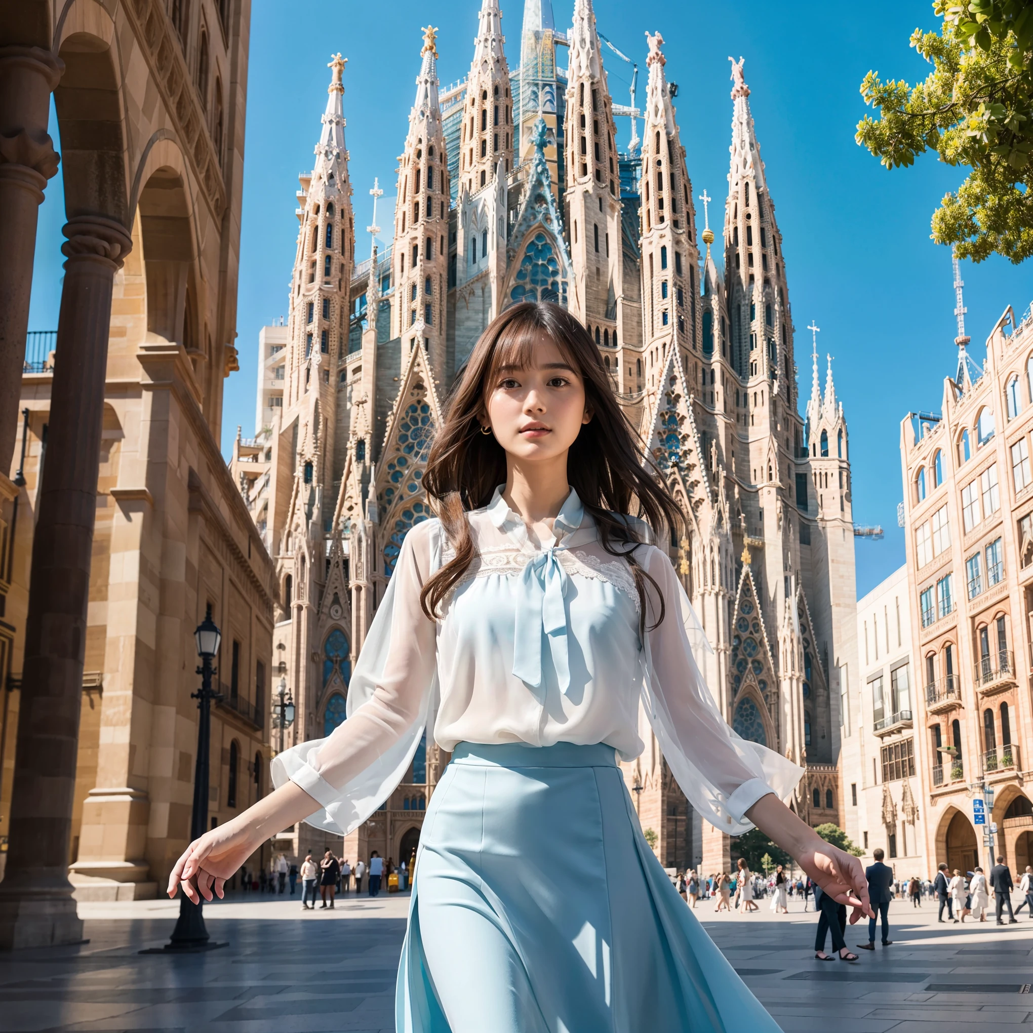 Generate a detailed and realistic image of the Sagrada Família, the iconic basilica located in Barcelona, Spain, on a sunny day with a clear blue sky. The basilica’s intricate architectural details, including its towering spires and ornate facades, are prominently displayed. A beautiful and delicate Japanese age girl with long brown hair, parted bangs, and brown eyes is standing near the basilica. She is wearing an off-white chiffon blouse with a ribbon tie and a sky-blue A-line midi skirt with a subtle sheen, styled elegantly for spring. Her appearance includes symmetrical eyes, very fine facial details, and perfectly shaped, anthropomorphically correct fingers. She wears white strap sandals and exudes a graceful and modest demeanor. The setting includes a lively and vibrant atmosphere with tourists in the background. The image is a masterpiece with super-detailed, 8K-level quality, focusing on elegance and beauty.