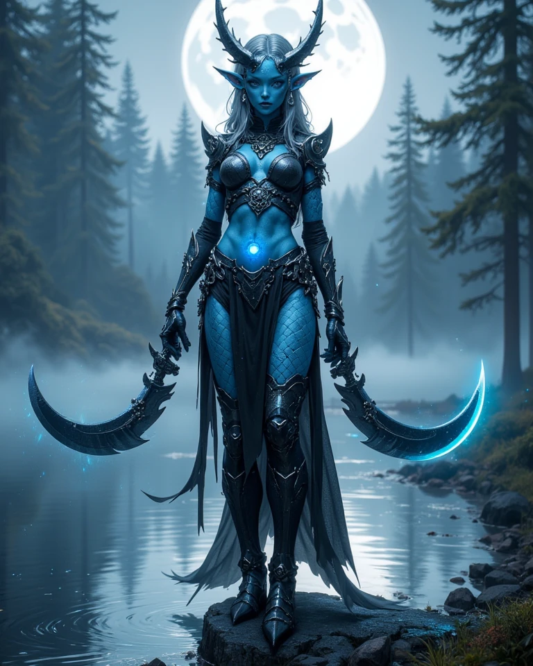 a beautiful dranei girl with blue skin and tentacle-like ears, full body shot, with tail and hooves, from the warcraft game, detailed face, intricate character design, cinematic lighting, fantasy art, highly detailed, 8k, photorealistic, masterpiece