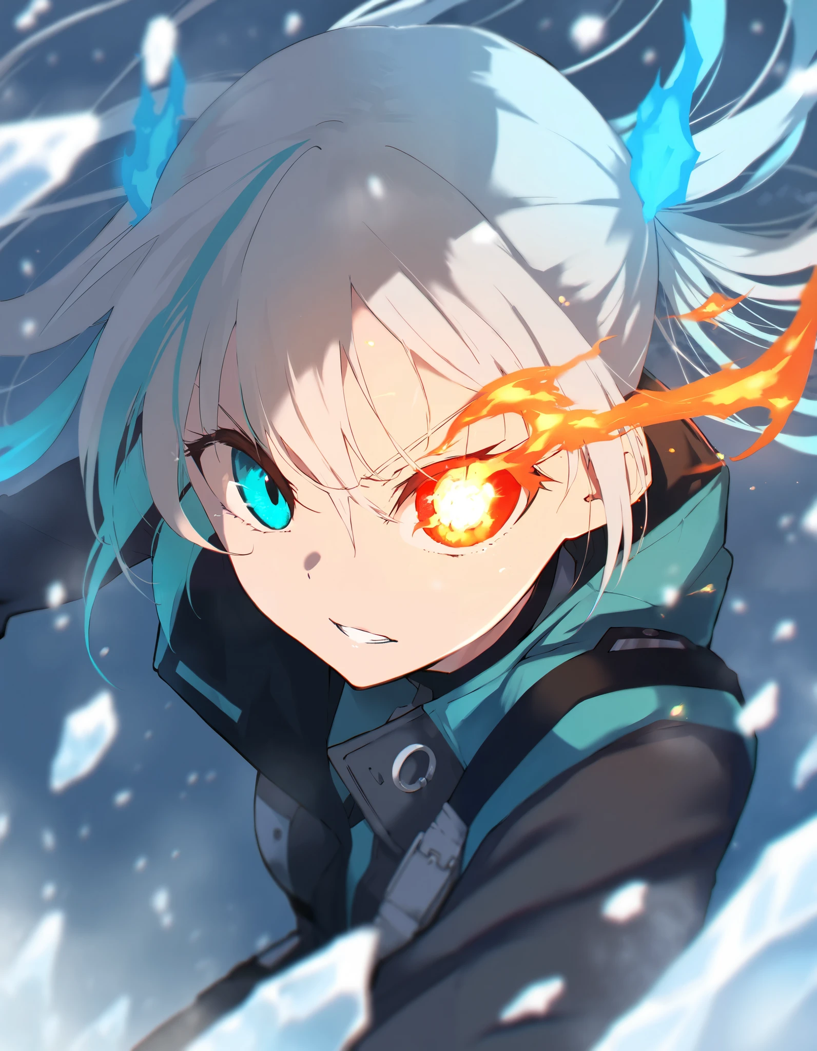 1girl, solo, looking at viewer, flame in left eye, ice in right eye, heterochromia, multicolored hair, detailed, eye focus, epic, blizzard, ice, fire, glowing, action pose, perspective,
chromatic aberration, film grain, gritty, very awa, masterpiece, best quality, high quality, newest, recent, year 2024, absurdres,
