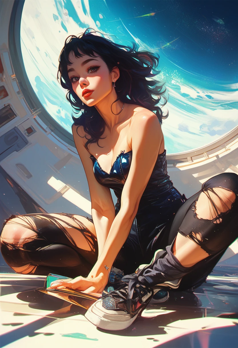 (((classical painting))), futuristic sci-fi,  (((candid))), (Long Shot from above)), ((cute shy Bohemian hippy goth-girl relaxing in her space-dock bedroom)),  ((armpits)), ((dimples)), (looking down), (pert ass), ((window)), (dark space), (subtle galaxy), (((appropriate shadowing))), ((appropriate direction of light)), (Intricate textures:1.5), (high detailed skin:1.7),