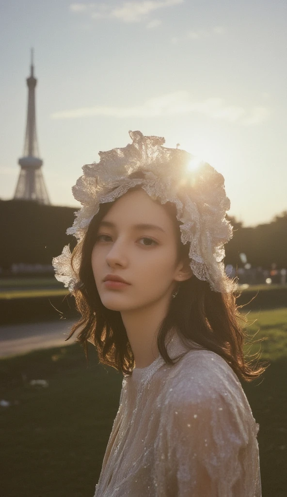 (Mejor calidad,Hyper realistic,ultra detallado,8k), adolescente, Fifteen years old, Shy, triste, palidez, Grandes ojos azules, piel muy blanca, small nose, short brown hair with bangs, melancholia, Delicado, femenino, cuerpo delgado, garden of a thousand white roses, Torre Eiffel.