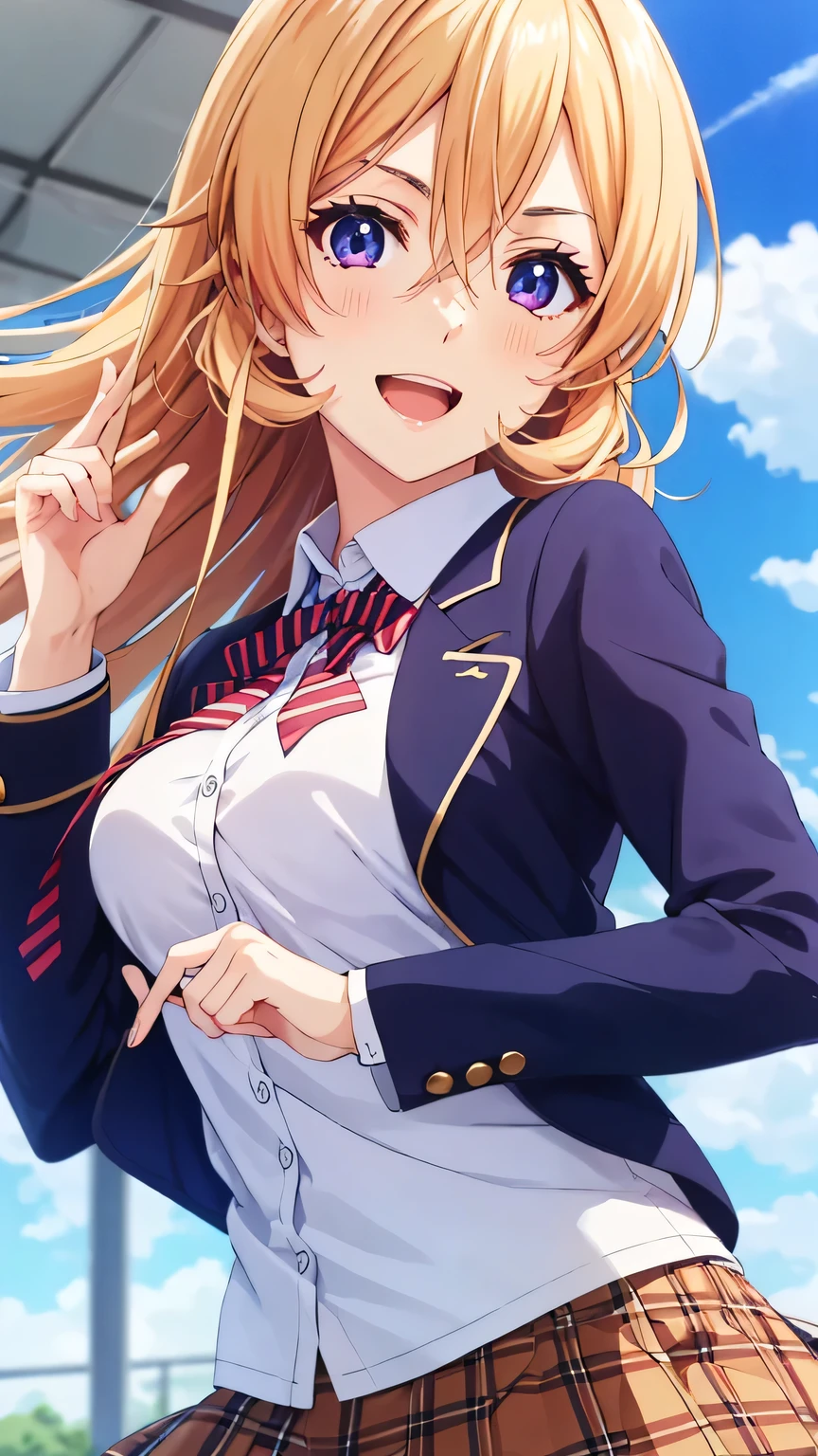 {{{masterpiece}}}, (best quality:1.5), (ultra-detailed:1.5), {illustration}, {{an extremely delicate and beautiful}}, (beautiful detailed eyes:1.6), absurdres, highres, extremely detailed face, 16k, hd, visual anime de uma jovem mulher, extremamente bonito rosto de anime, anime melhor garota, (perfect hands, perfect anatomy), anime face, Erina Nakiri(Food Wars!), 1girl, solo, cute face, long hair, blonde hair, (purple eyes:1.1), hair between eyes, medium breasts, BREAK, {school uniform}, blazer, dark blue jacket, long sleeve, (close jacket:1.3), tuck out, white shirt, collared shirt, striped tie, red ribbon tie, pleated skirt, plaid skirt, brown mini skirt, BREAK, 1girl, solo, smile, open mouth, beautiful anime girl, beautiful art style, close up of breasts, Looking at Viewer, perfect body, outdoor, sky, daytime, public park, sun, (bust shot:1.3), from side