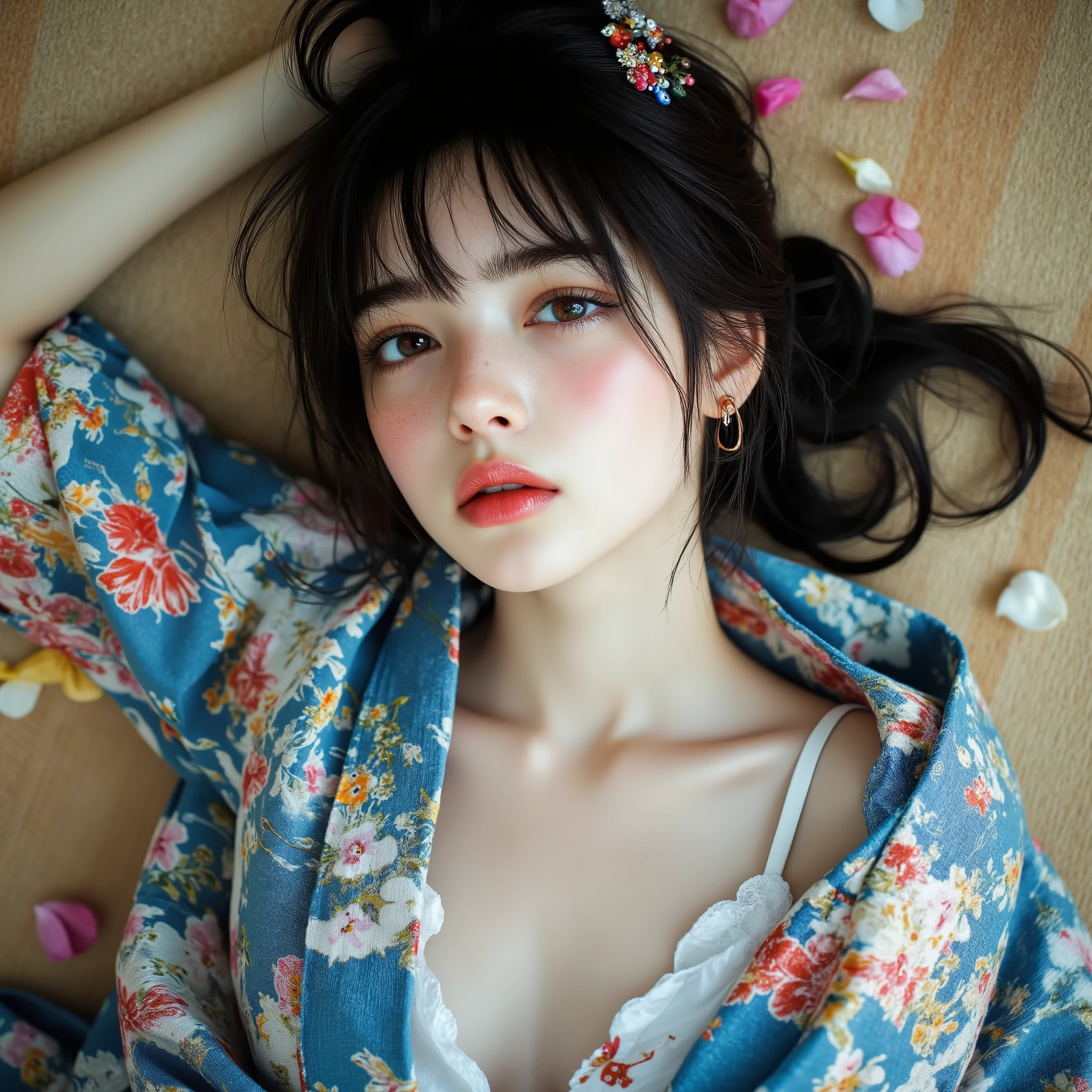 (Canon), (EOS R5), (50mm), (( Photorealistic:1.5)), (No lens flare :1.5), (超 high resolution), (masterpiece), accurate, ( realisticな質感の肌), more details, high detail, High Quality , Award-winning work , 最 High Quality , 32K, is written in depth, digital camera, Award-winning glamour photo , professional writing , ((最 High Quality :1.5)), ((masterpiece:1.5)), (( realistic)), high resolution, (とても美しくて可愛い1 personの日本人女性), ((Aerial view from above :1.5)), (( upper body shot lying on your back from head to knee :1.5)), (Full body shot lying on your back :1.4), ((A half-naked Japanese woman wearing a Japanese kimono)), ((Lying on your back on a beautiful tatami mat in a Japanese-style room :1.5)), (( lying on your back :1.5)), ((( wearing only Japanese kimonos , no underwear, no shoulder straps , Semi-nude:1.5))), ((( The front of the kimono is wide open to see the cleavage between the shoulders and bust :1.8))), (1 person), ((Beautiful and cute, 18 year old Japanese)), (( very cute high school girl with a good shape )), ( beautiful black hair ponytail), Very beautiful and sexy, Fascinating Beauty , seductive pose , Height: 160cm, slim figure, Beautifully shaped bust , D Cup, (A very cute, cheerful smile:1.5), (Alone:1.5), ( brown eyes:1.9), ( Detailed depiction of extremely realistic skin ), (Highly detailed, realistic eyes:1.9), (Very beautiful, long, realistic eyelashes), (Highly detailed, realistic eyebrows), (丸い brown eyes :1.8), ( beautiful catchlight on the eyes), (Realistic lips with moisture ), ( white realistic teeth arranged neatly), ( Beautiful and Detailed Face :1.6), (Hourglass body shape:1.6), (Wasp waist :1.5), ( Perfectly round and beautifully shaped bust :1.8), ( clearly contoured cheekbones :1.5), ( perfect style body :1.8), (Healthy body :1.8), (Narrow shoulders:1.9), ( staring at viewers ), ( seductive gaze ), (Beautiful, natural-looking hands), (Beautiful pink nails of perfect length), ( show your hands as little as possible ), ( very cute smile:1.1), (Waist, I can see my stomach:1.4), Intricate and detailed, colorful depiction , (( A blue Japanese kimono with a beautiful and cute floral pattern designed like an orchid:1.5)), (( The kimono is large and the shoulders and chest are quite exposed :1.3)), ((( off shoulder:1.8))), (( Beautiful blue Japanese kimono with a beautiful floral pattern )), ((Kimono with a flower pattern on blue fabric )), ((I can't show my feet)), 女性 1 person, Flower Hairpin, (Ikebana can be seen behind it ), extremely sexy sensual body , , like々 sensual elegance, Sexy Body, Sexy appearance, Lying on the tatami mat in a Japanese-style room, The groin and thighs are exposed , shot taken from directly above, ( Beautiful pink, yellow, and white petals are scattered on the tatami mat), Japanese style hairpin, Japanese Style Hair Ornament, A gentle-looking face, thin waist , ( Beautiful cleavage of the bust can be seen quite a bit ), ((I can't show my feet)), blur the background , Illuminate the face, dynamic pose, beautiful body line , Beautiful, realistic skin , Art Photography, beautiful soft lighting ,