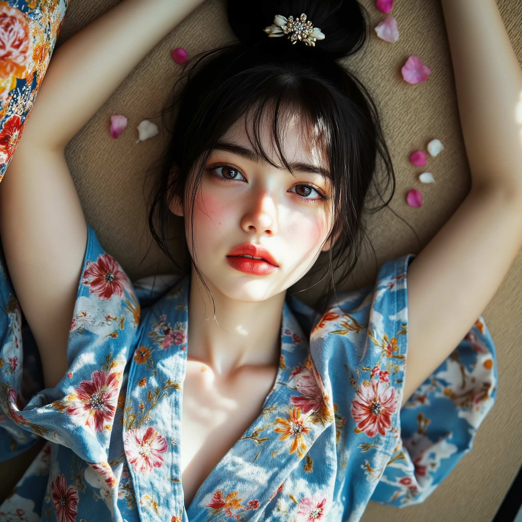 (Canon), (EOS R5), (50mm), (( Photorealistic:1.5)), (No lens flare :1.5), (超 high resolution), (masterpiece),  accurate, ( realisticな質感の肌),  more details,  high detail,  High Quality  ,  Award-winning work , 最 High Quality , 32K,  is written in depth,  digital camera,  Award-winning glamour photo  ,  professional writing , ((最 High Quality :1.5)), ((masterpiece:1.5)), (( realistic)),  high resolution, (とても美しくて可愛い1 personの日本人女性), ((Aerial view from above :1.5)), (( upper body shot lying on your back from head to knee :1.5)), (Full body shot lying on your back :1.4), ((A half-naked Japanese woman wearing a Japanese kimono)), ((Lying on your back on a beautiful tatami mat in a Japanese-style room :1.5)), (( lying on your back :1.5)), ((( wearing only Japanese kimonos ,  no underwear,  no shoulder straps , Semi-nude:1.5))), ((( The front of the kimono is wide open to see the cleavage between the shoulders and bust :1.8))), (1 person), ((Beautiful and cute,  18 year old Japanese)), (( very cute high school girl with a good shape )), ( beautiful black hair ponytail), Very beautiful and sexy,  Fascinating Beauty ,  seductive pose , Height: 160cm,  slim figure, Beautifully shaped bust , D Cup, (A very cute, cheerful smile:1.5), (Alone:1.5), ( brown eyes:1.9), ( Detailed depiction of extremely realistic skin ), (Highly detailed, realistic eyes:1.9), (Very beautiful, long, realistic eyelashes), (Highly detailed, realistic eyebrows), (丸い brown eyes :1.8), ( beautiful catchlight on the eyes), (Realistic lips with moisture ), ( white realistic teeth arranged neatly), ( Beautiful and Detailed Face :1.6), (Hourglass body shape:1.6), (Wasp waist :1.5), ( Perfectly round and beautifully shaped bust :1.8), ( clearly contoured cheekbones  :1.5), ( perfect style body  :1.8), (Healthy body :1.8), (Narrow shoulders:1.9), ( staring at viewers ), ( seductive gaze ), (Beautiful, natural-looking hands), (Beautiful pink nails of perfect length), ( show your hands as little as possible ), ( very cute smile:1.1), (Waist,  I can see my stomach:1.4), Intricate and detailed,  colorful depiction , (( A blue Japanese kimono with a beautiful and cute floral pattern designed like an orchid:1.5)), (( The kimono is large and the shoulders and chest are quite exposed :1.3)), ((( off shoulder:1.8))), (( Beautiful blue Japanese kimono with a beautiful floral pattern )), ((Kimono with a flower pattern on blue fabric )), ((I can&#39;t show my feet)), 女性 1 person, Flower Hairpin, (Ikebana can be seen behind it ),  extremely sexy sensual body , , like々 sensual elegance,  Sexy Body, Sexy appearance, Lying on the tatami mat in a Japanese-style room, The groin and thighs are exposed ,  shot taken from directly above, ( Beautiful pink, yellow, and white petals are scattered on the tatami mat), Japanese style hairpin,  Japanese Style Hair Ornament, A gentle-looking face,  thin waist , ( Beautiful cleavage of the bust can be seen quite a bit ), ((I can&#39;t show my feet)),  blur the background , Illuminate the face, dynamic pose, beautiful body line , Beautiful, realistic skin , Art Photography,  beautiful soft lighting , 