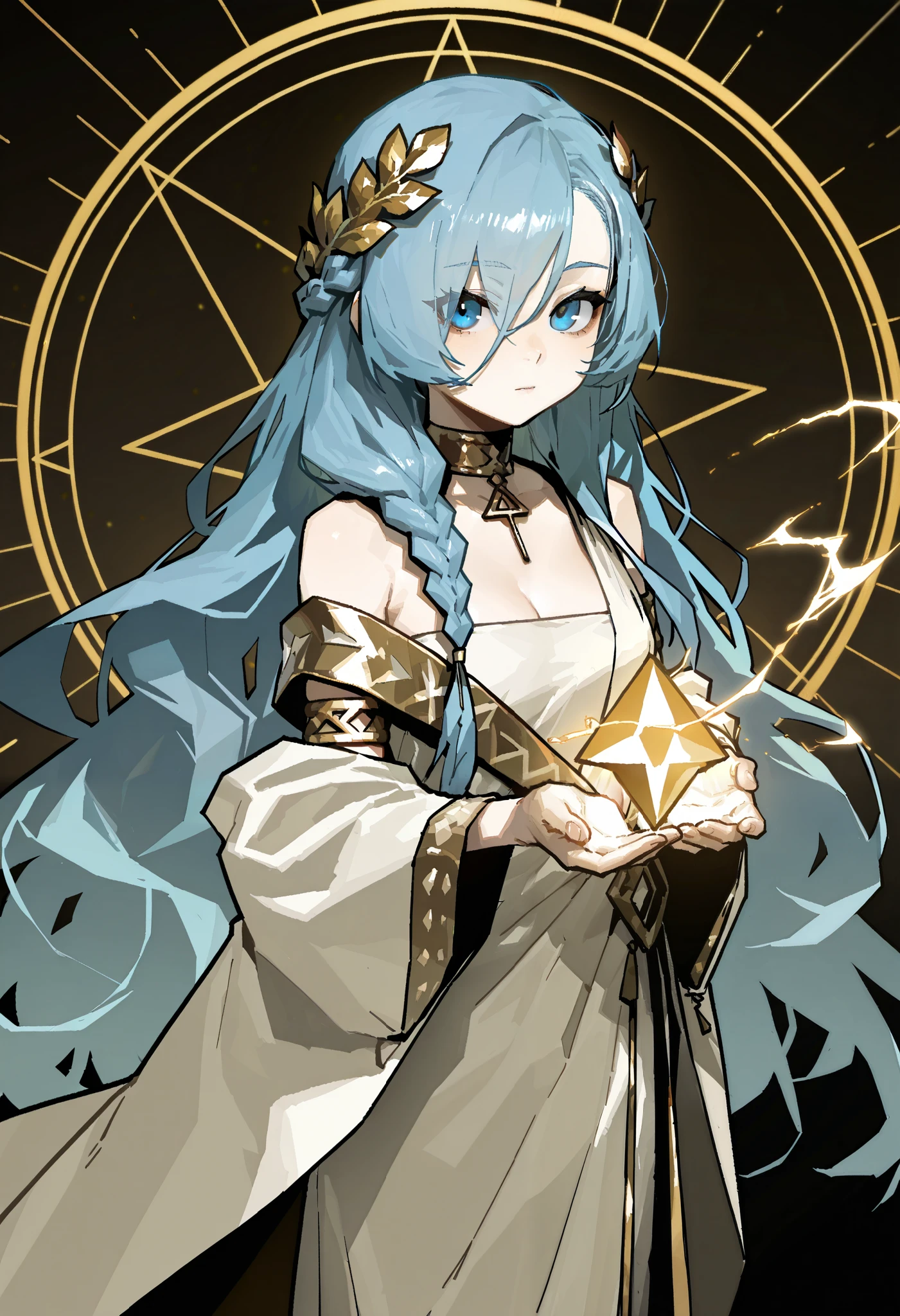 by gogalking, magic, geometric shapes, 1girl, solo, blue hair, curly hair, braid, long hair, blue eyes, eyes visible through hair, laurel crown, armlet, ancient greek clothes, greco-roman clothes, jewelry, gold choker, skinny, small breasts, bare shoulders, wide sleeve, cleavage, toga, standing, looking at viewer, black background, masterpiece, best quality, amazing quality, very aesthetic, high resolution