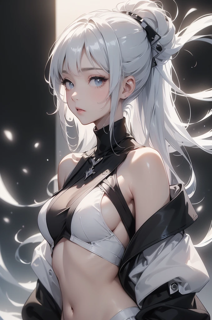 (Image from chest up:1.4)((masterpiece:1.5,Highest quality,Beautiful images、Realistic、2.5D、Artistic))(1girl, 独奏)(medium breasts, Silver Hair、long hair、Beautiful cleavage、sideboob、Exposing shoulders、Tattoo on shoulder)(Profile portrait,Gaze sideways、Gaze diagonally、Shake your head、A sad expression, floating hair)(Monotone Abstract Background)((from diagonally forward:1.3)),Landscape,((outfit-inori,Monotone costumes))