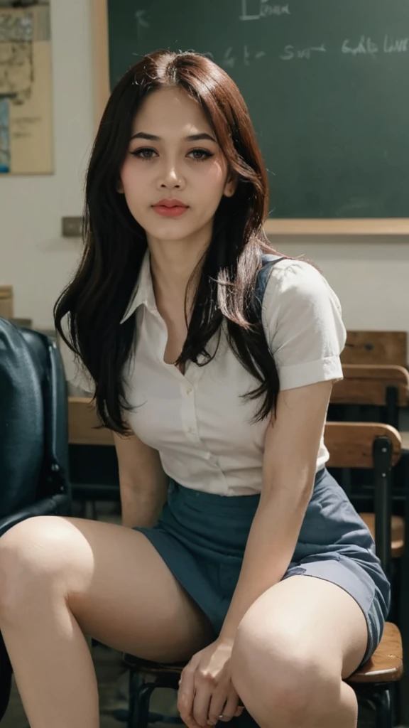 Eugene,(close up photo:1.2),(pov:1.4),(Female student wearing high school uniform and skirt:1.5), South Korean, femele, perfect eyes,1girl,Complex 3D rendering, ultra-detail, Portrait of a beautiful woman, Capricious portrait, Striking features, beauty, intriciate detail, dramatic composition, Tension, Faint hair, contrast, Texture, 真实感, high-quality rendering, stunning art, highs quality, film grain, FUJIFILM XT3, Whirlpool bokeh, (Photorealistic, Photorealistic:1.4),Raw-Photo,physics based rendering,(8k, Top Quality, masterpiece:1.2),(full body shooting:1.2),(close up photo:1.3),octan render,Highly detailed CG unity 8k wallpaper,(Studio Soft Light, Rim Light, in a classroom, sunlights:1.2),Surreal details, glowing skin,The ultra-detailliert,(ultra realisic:1.5),(If you look at the viewer, you will see that:1.2),(Complex:1.2),(photorealestic:1.4),a chair,a desk, (skiny:1.3),Masterpiece, superlative, realisitic, Jenny wears trendy brands. Football T-shirt, Shorts, open waist, bare shoulder, cleavage, Layered, Long leg, wasteland punk style, The background is a wasteland, desert, Wind and dust details complex, High image quality, photography lighting, 16 k,No bra,White panties,Wet body