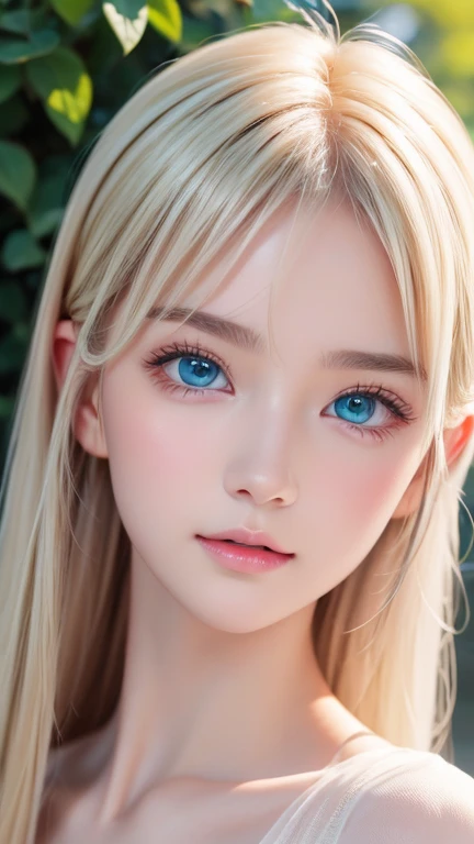 Dressed、(Photorealistic:1.4)、(ハイパーRealistic:1.4)、(Realistic:1.3)、(Smooth lighting:1.05)、(Improved cinematic lighting quality:0.9)、32K、1 Girl、Very cute expression、A beautiful 16 year old blonde girl、Realistic top lighting、Backlight、Face Light、super long platinum blonde silky hair、、Beautiful bangs、bangs over eyes、Ray tracing、(Bright light:1.2)、(quality improvement:1.4)、(Highest quality realistic textured skin:1.4)、Very beautiful detailed large shining light blue eyes、Very big eyes、Detailed face、A careful eye for quality、(Tired, sleepy and satisfied: 0.0)、Face close up、T-Shirts、(Enhances the body line:1.1)、(Enhances the beauty of skin texture:1.1)、Cheek gloss highlight、Small Face Beauty、Round face